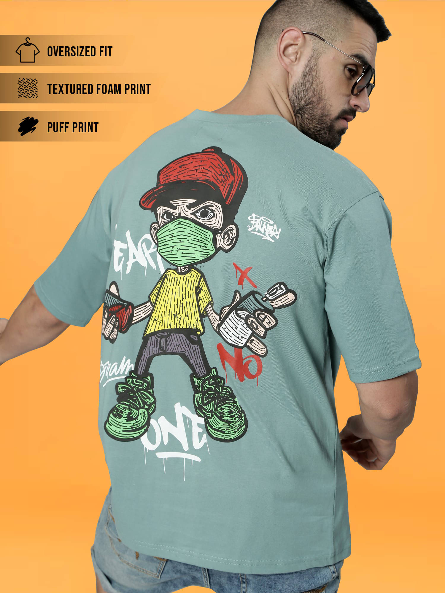 Maniac Men 100% Cotton Oversized Fit Printed T-Shirt ( Green ) Maniac Men 100% Cotton Oversized Fit Printed T-Shirt ( Green )