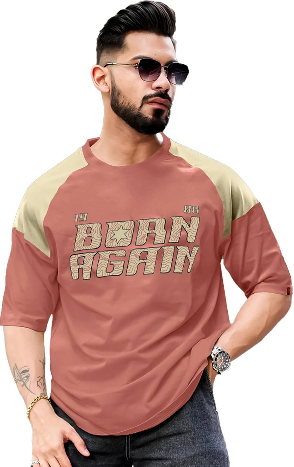     			Maniac Men 100% Cotton Oversized Fit Self Design T-Shirt ( Pink )