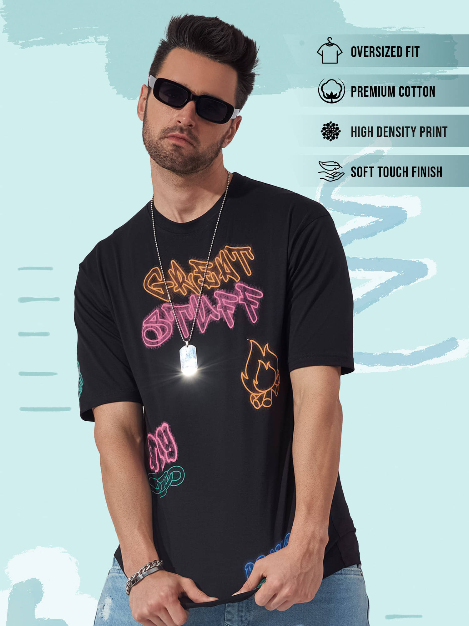 Maniac Men 100% Cotton Oversized Fit Printed T-Shirt ( Black )     			Maniac Men 100% Cotton Oversized Fit Printed T-Shirt ( Black )
