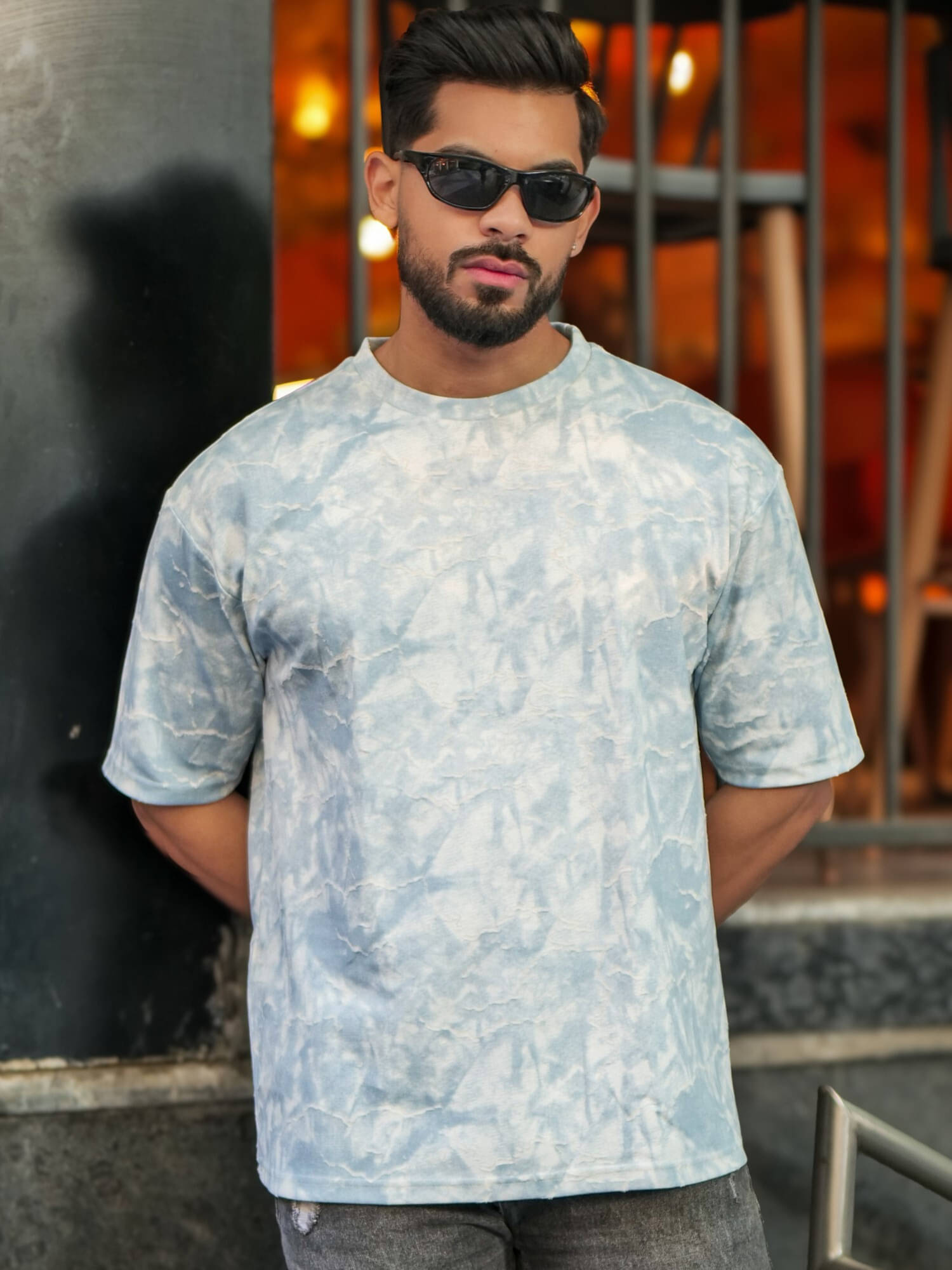 Maniac Men 100% Cotton Oversized Fit Self Design T-Shirt ( Blue ) Maniac Men 100% Cotton Oversized Fit Self Design T-Shirt ( Blue )