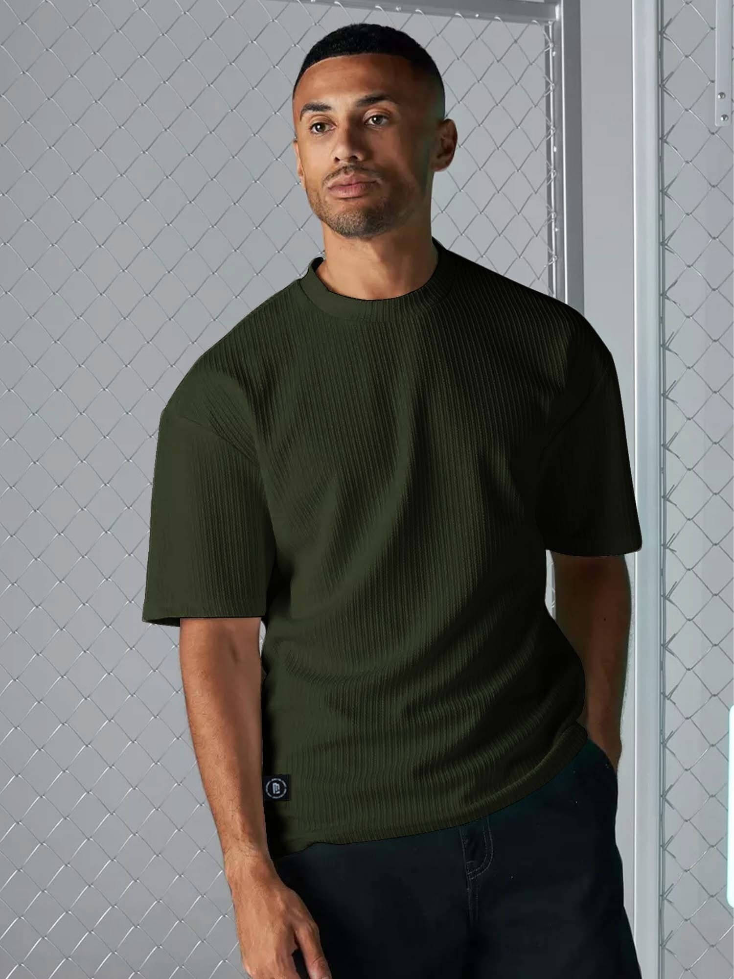 Maniac Men 100% Cotton Oversized Fit Self Design T-Shirt ( Green ) Maniac Men 100% Cotton Oversized Fit Self Design T-Shirt ( Green )