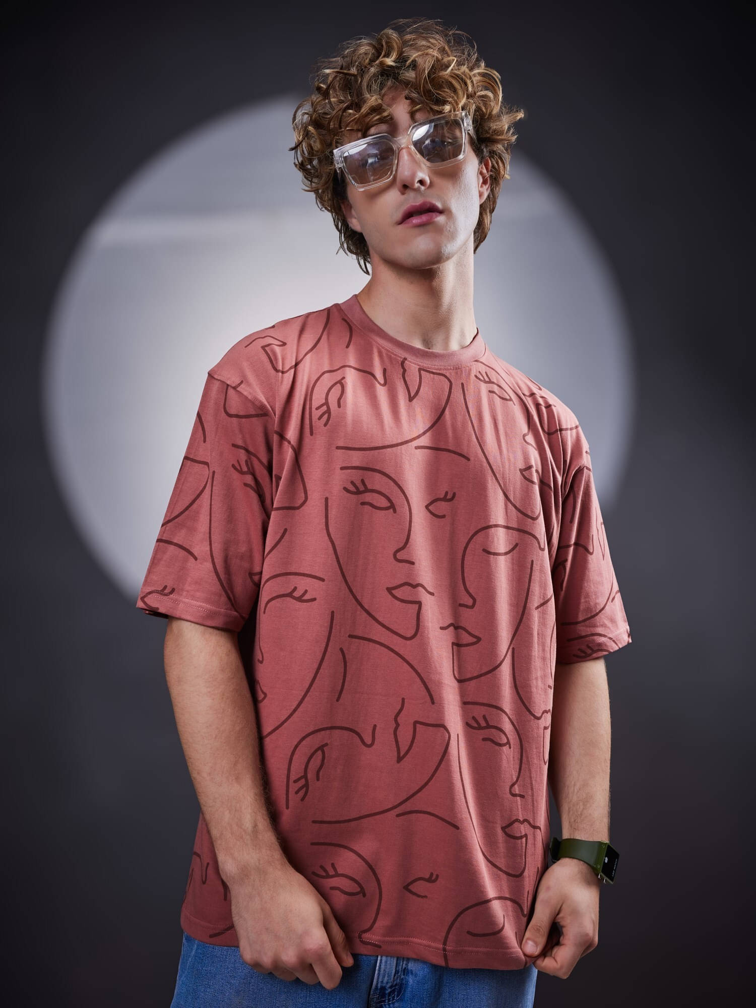     			Maniac Men 100% Cotton Oversized Fit Printed T-Shirt ( Pink )