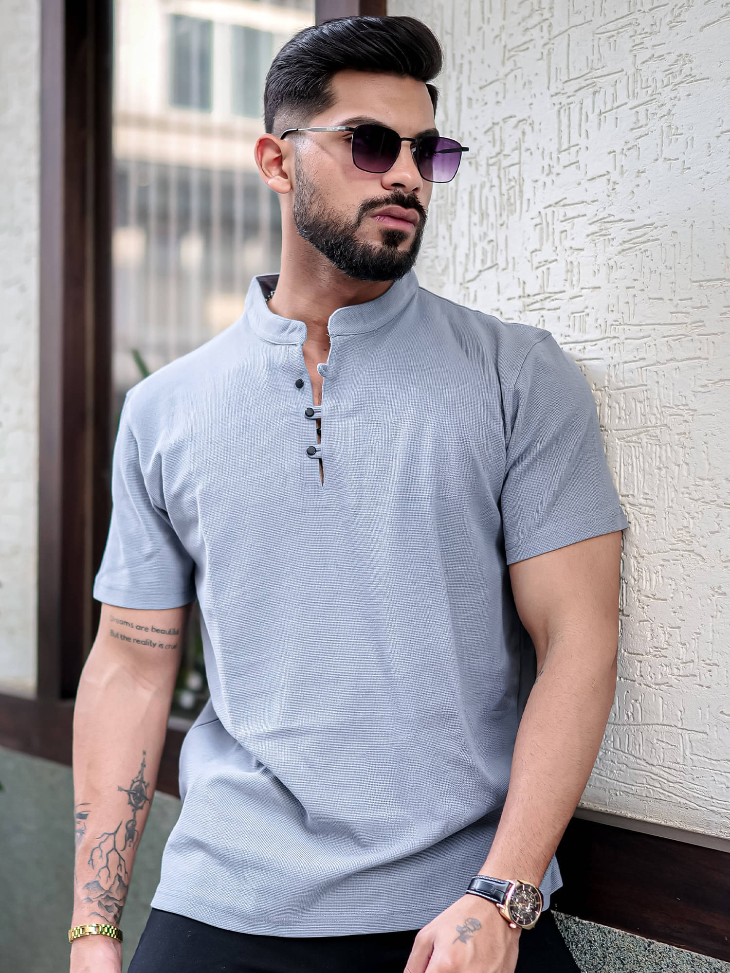     			Maniac Men 100% Cotton Regular Fit Self Design T-Shirt ( Grey )