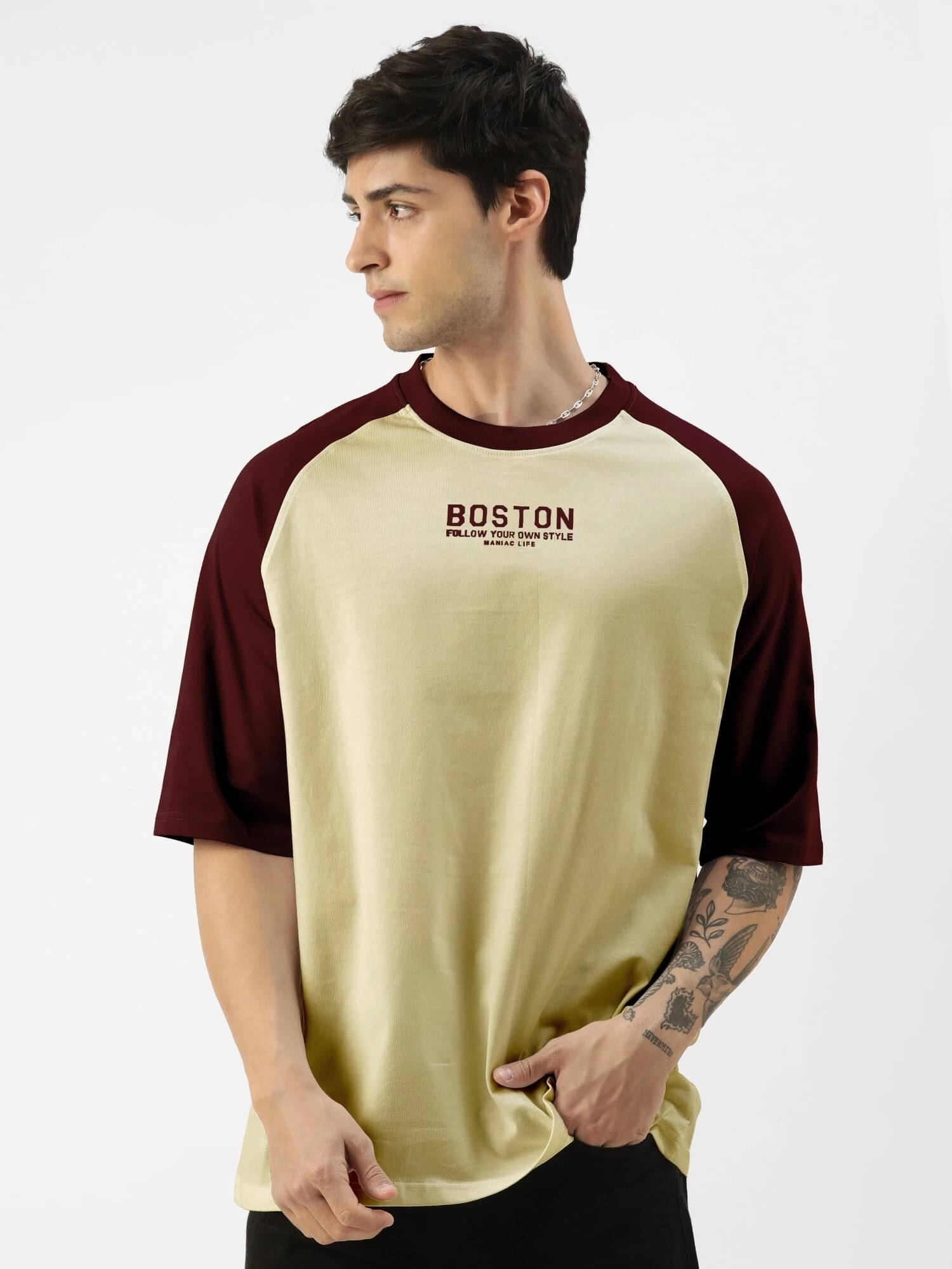     			Maniac Men 100% Cotton Relaxed Fit Colorblock T-Shirt ( Beige )