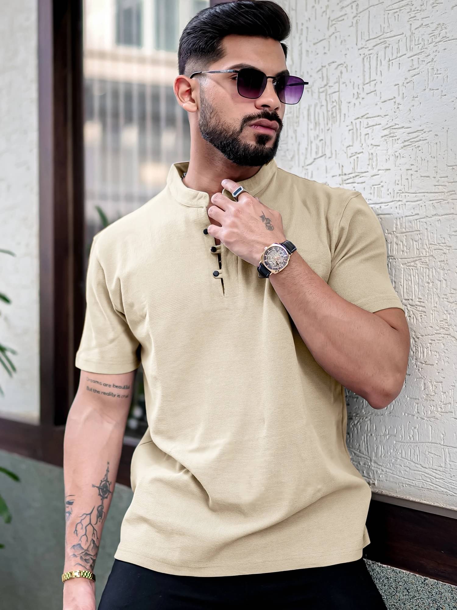     			Maniac Men 100% Cotton Slim Fit Solid T-Shirt ( Beige )
