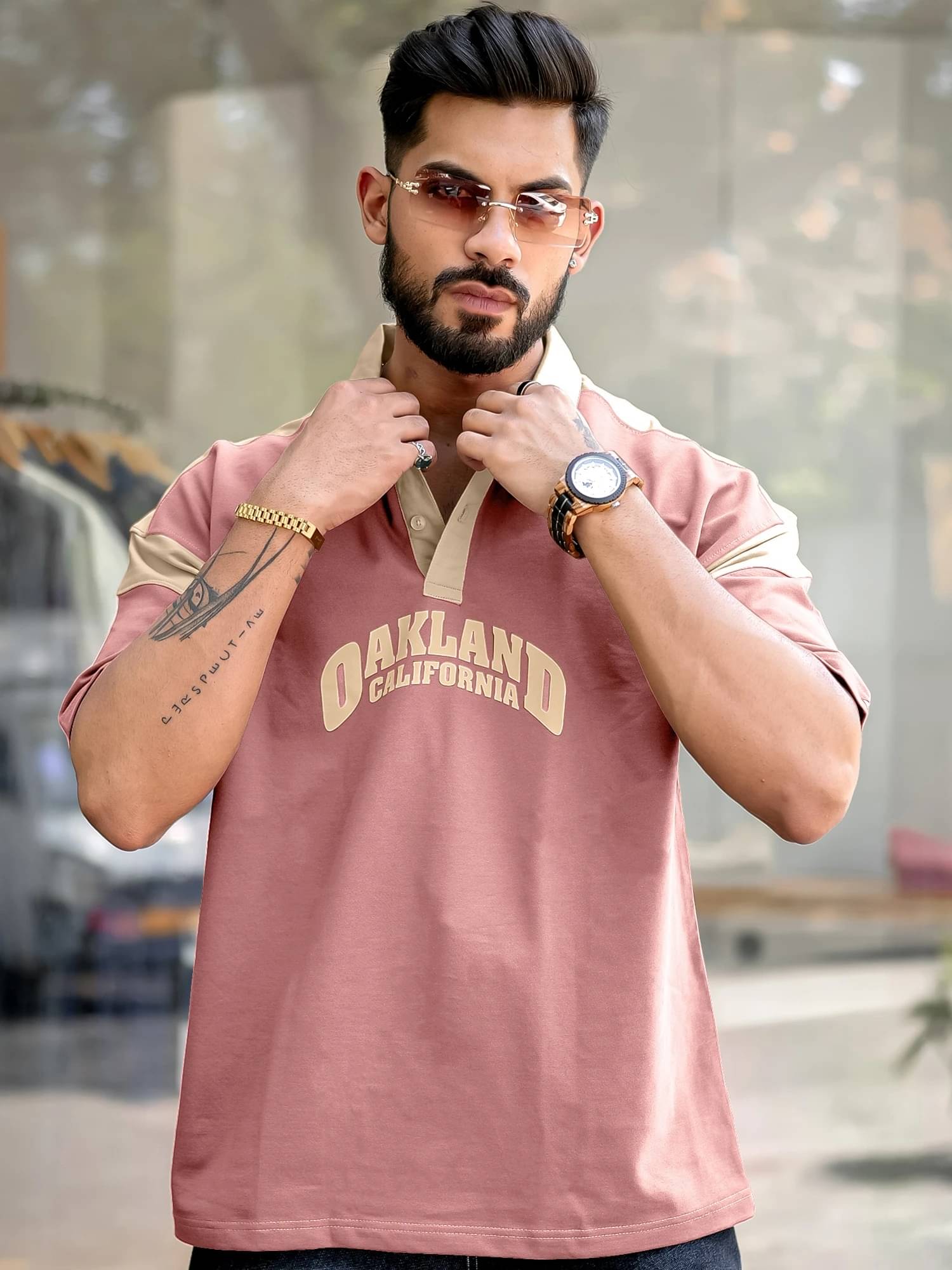 Maniac Men Cotton Blend Oversized Fit Printed Polo T Shirt ( Pink ) Maniac Men Cotton Blend Oversized Fit Printed Polo T Shirt ( Pink )