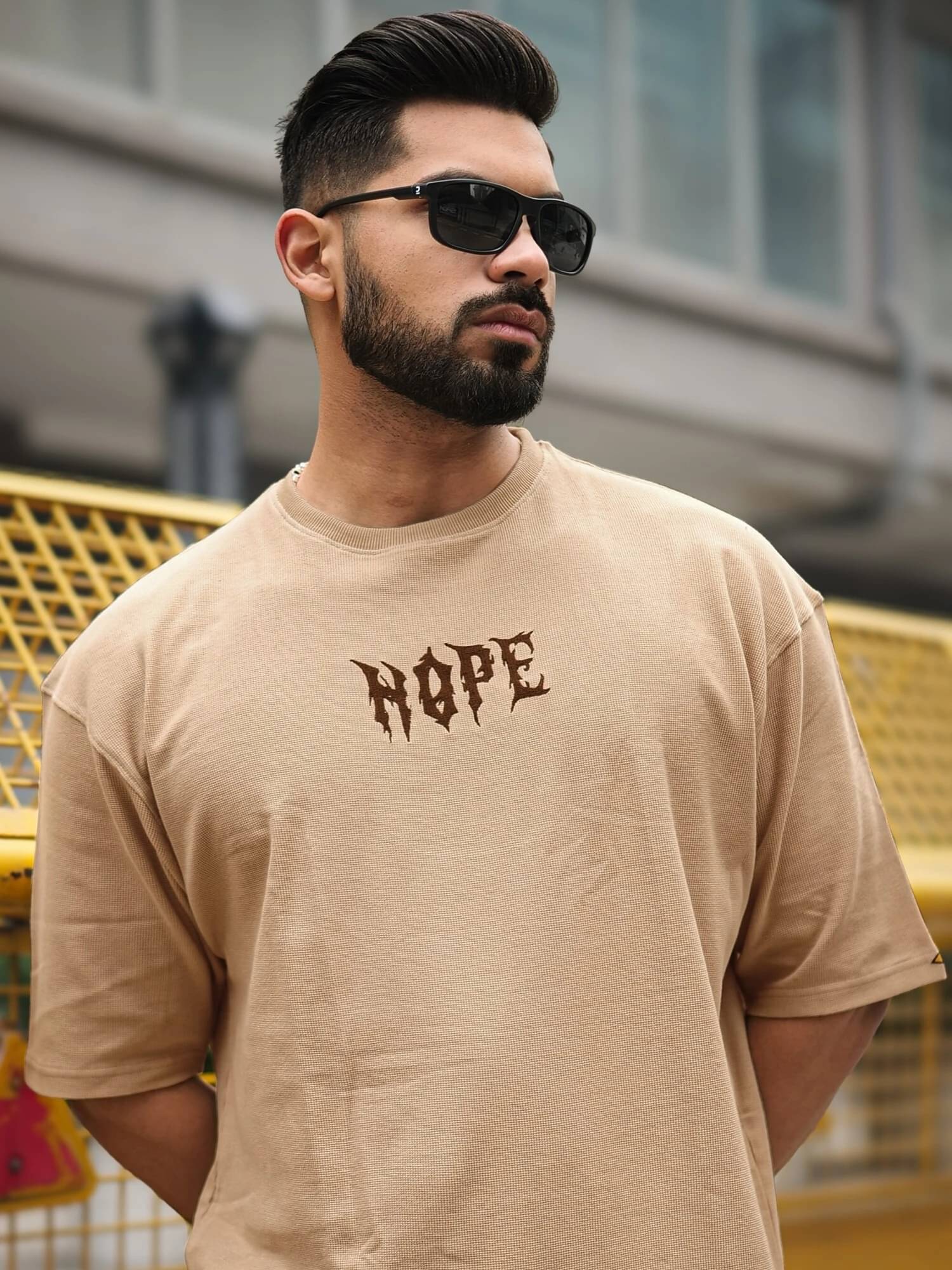 Maniac Men Cotton Blend Oversized Fit Embroidered T-Shirt ( Beige ) Maniac Men Cotton Blend Oversized Fit Embroidered T-Shirt ( Beige )