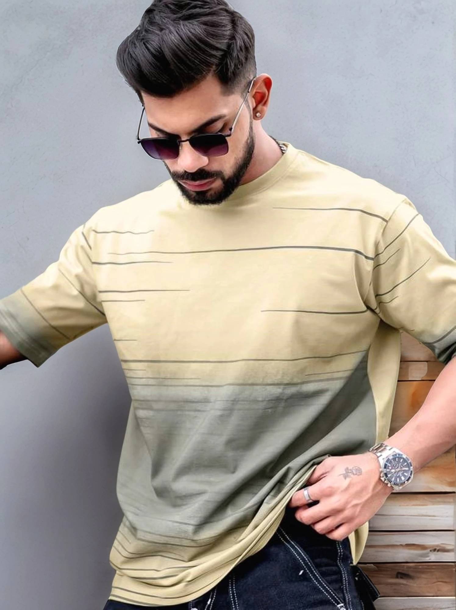 Maniac Men Cotton Blend Oversized Fit Printed T-Shirt ( Beige ) Maniac Men Cotton Blend Oversized Fit Printed T-Shirt ( Beige )