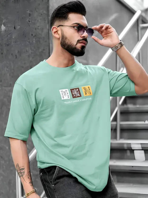     			Maniac Men Cotton Blend Oversized Fit Printed T-Shirt ( Green )