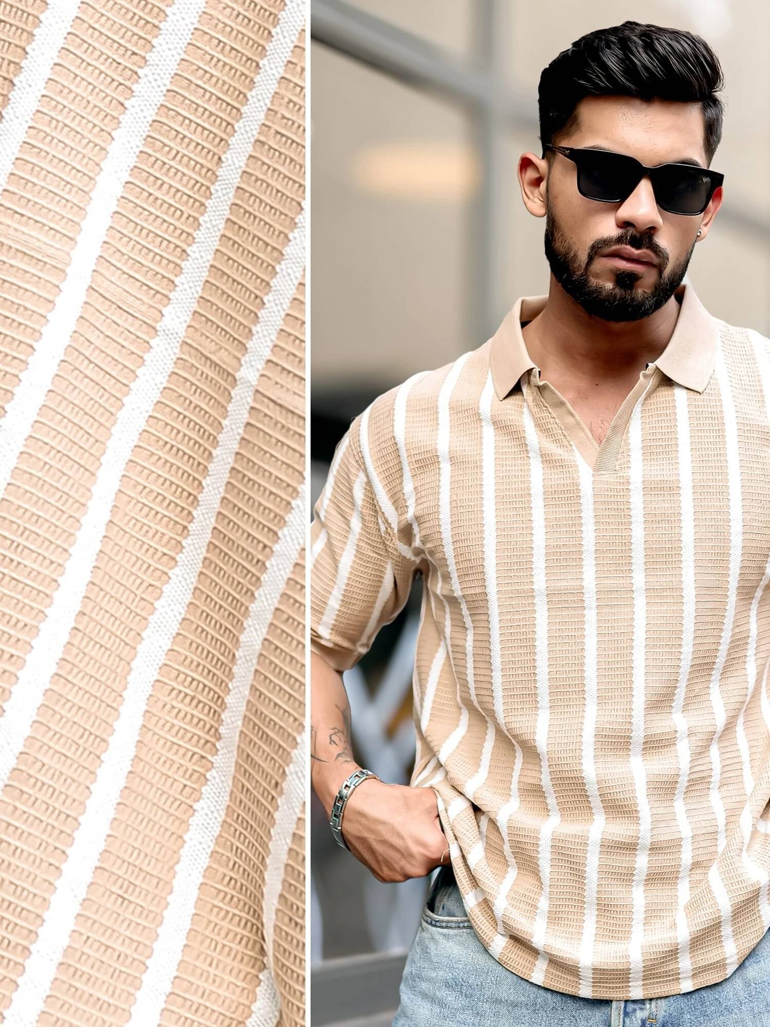     			Maniac Men Cotton Blend Oversized Fit Striped Polo T Shirt ( Beige )