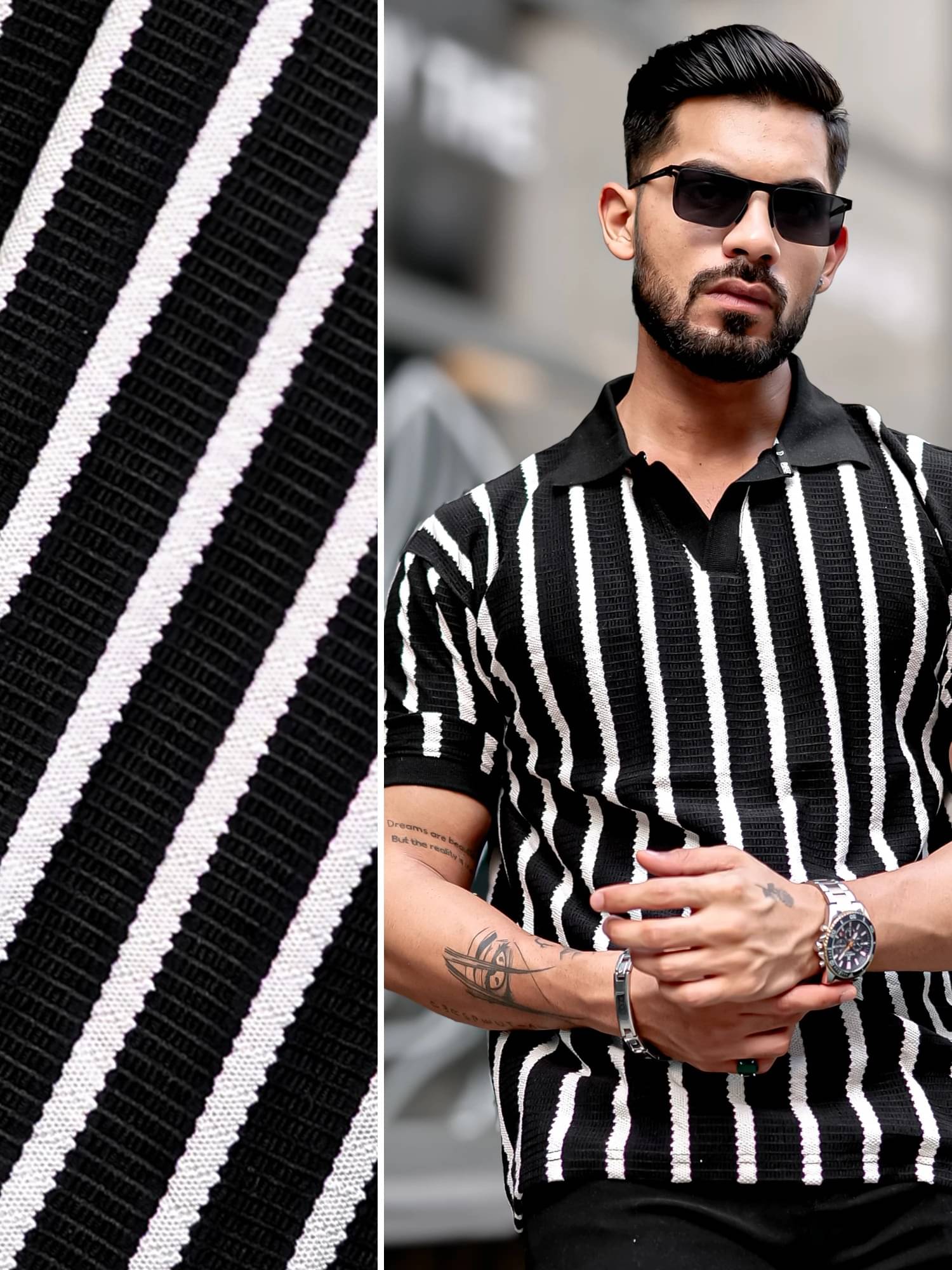     			Maniac Men Cotton Blend Oversized Fit Striped Polo T Shirt ( Black )