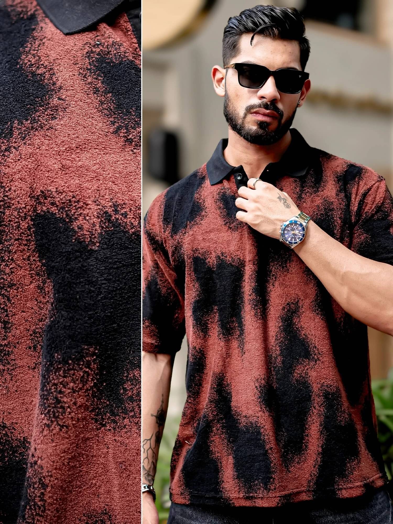     			Maniac Men Cotton Blend Oversized Fit Self Design Polo T Shirt ( Maroon )