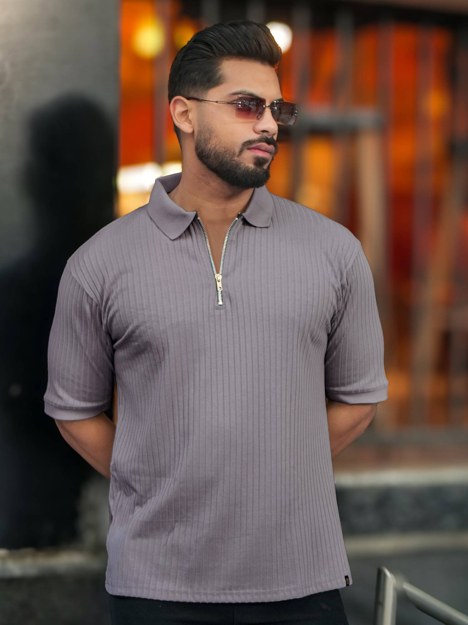     			Maniac Men Cotton Blend Oversized Fit Striped Polo T Shirt ( Grey )
