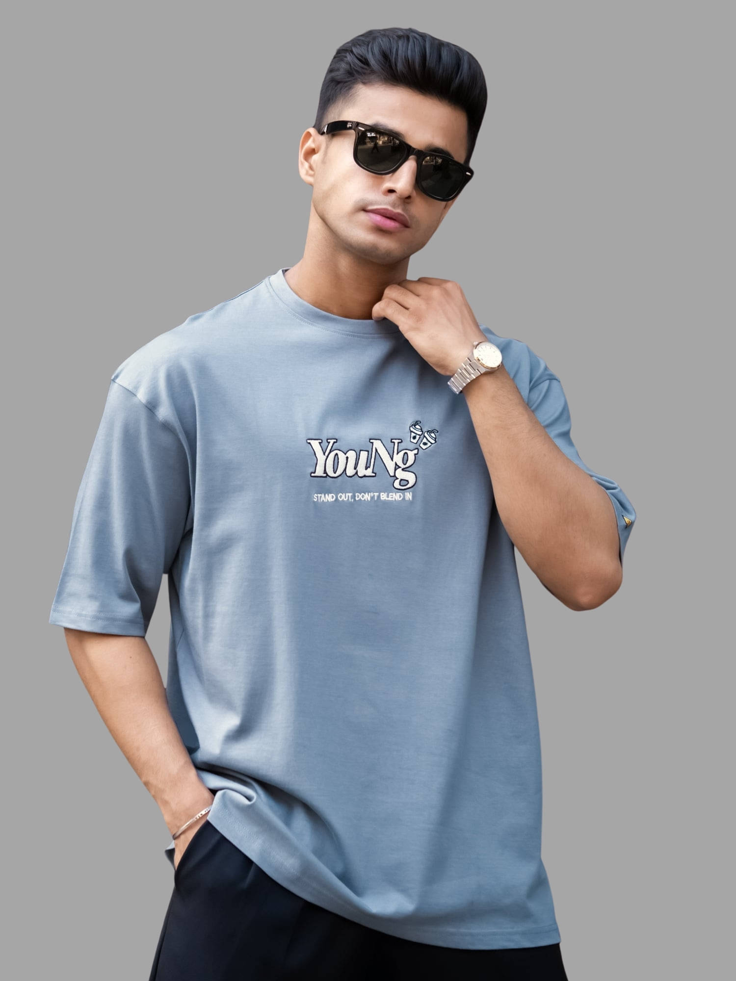     			Maniac Men Cotton Blend Oversized Fit Printed T-Shirt ( Grey )