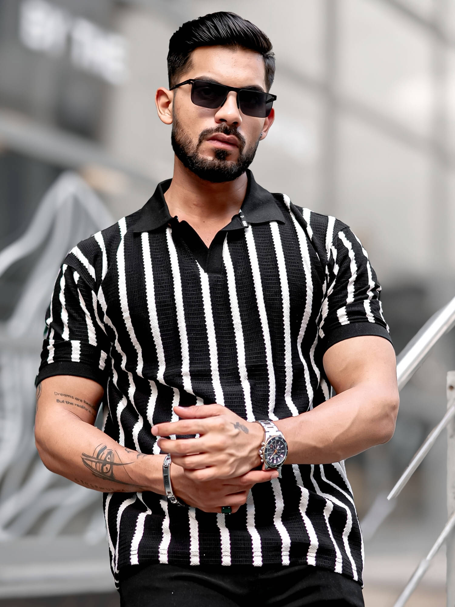     			Maniac Men Cotton Blend Oversized Fit Striped Polo T Shirt ( Black )
