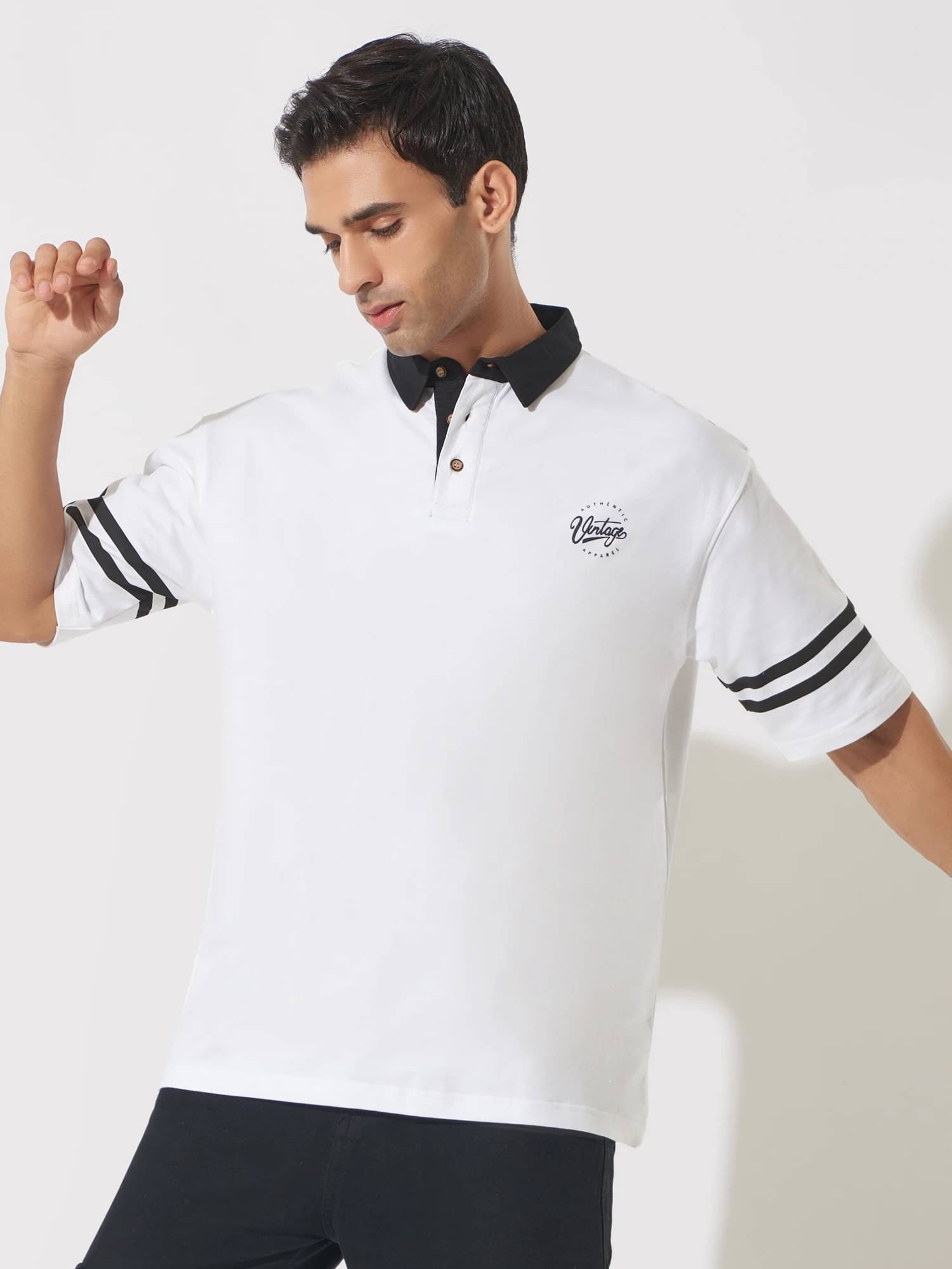 Maniac Men Cotton Blend Oversized Fit Striped Polo T Shirt ( White ) Maniac Men Cotton Blend Oversized Fit Striped Polo T Shirt ( White )