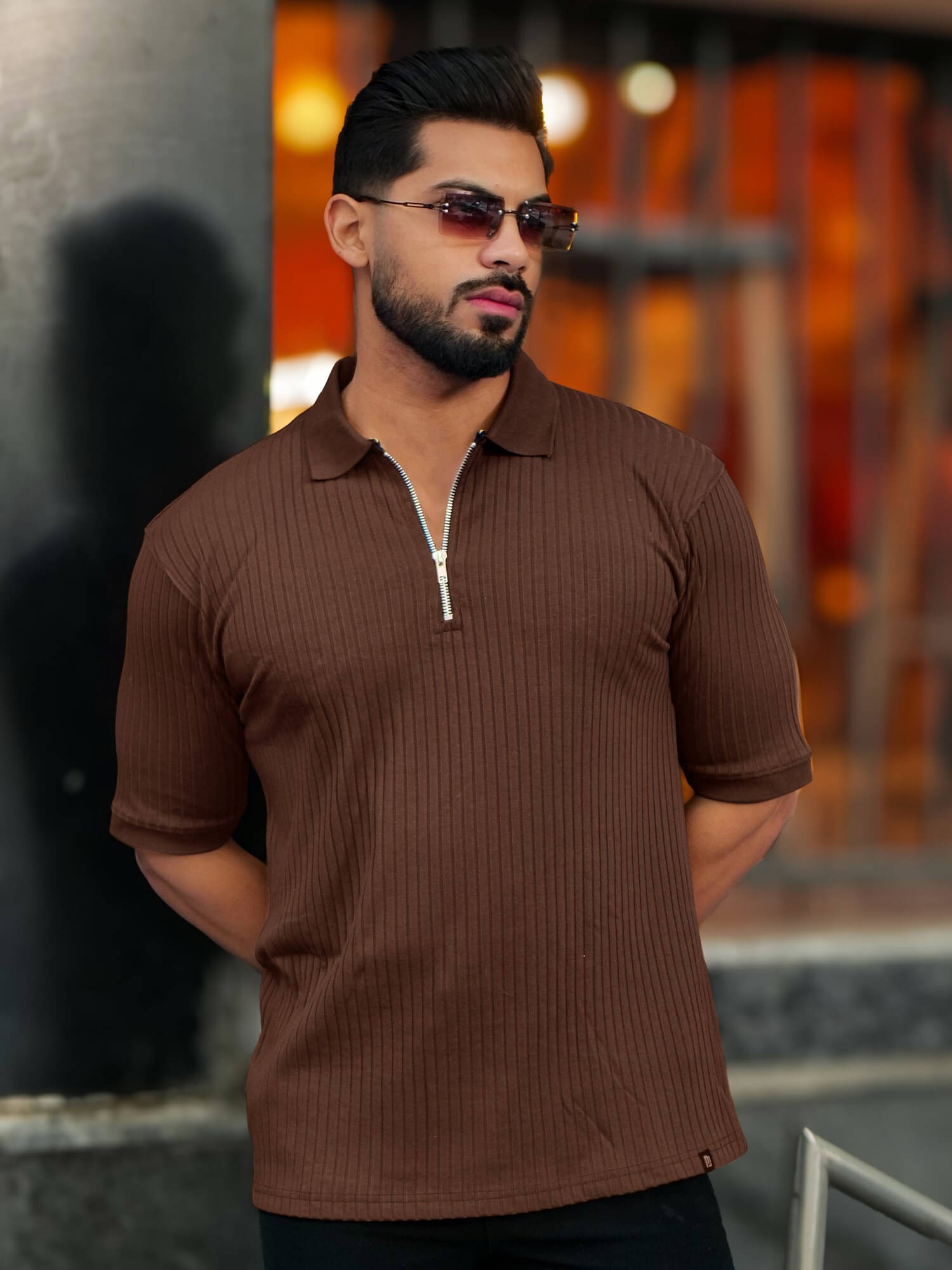     			Maniac Men Cotton Blend Oversized Fit Popcorn Textured Polo T Shirt ( Brown )