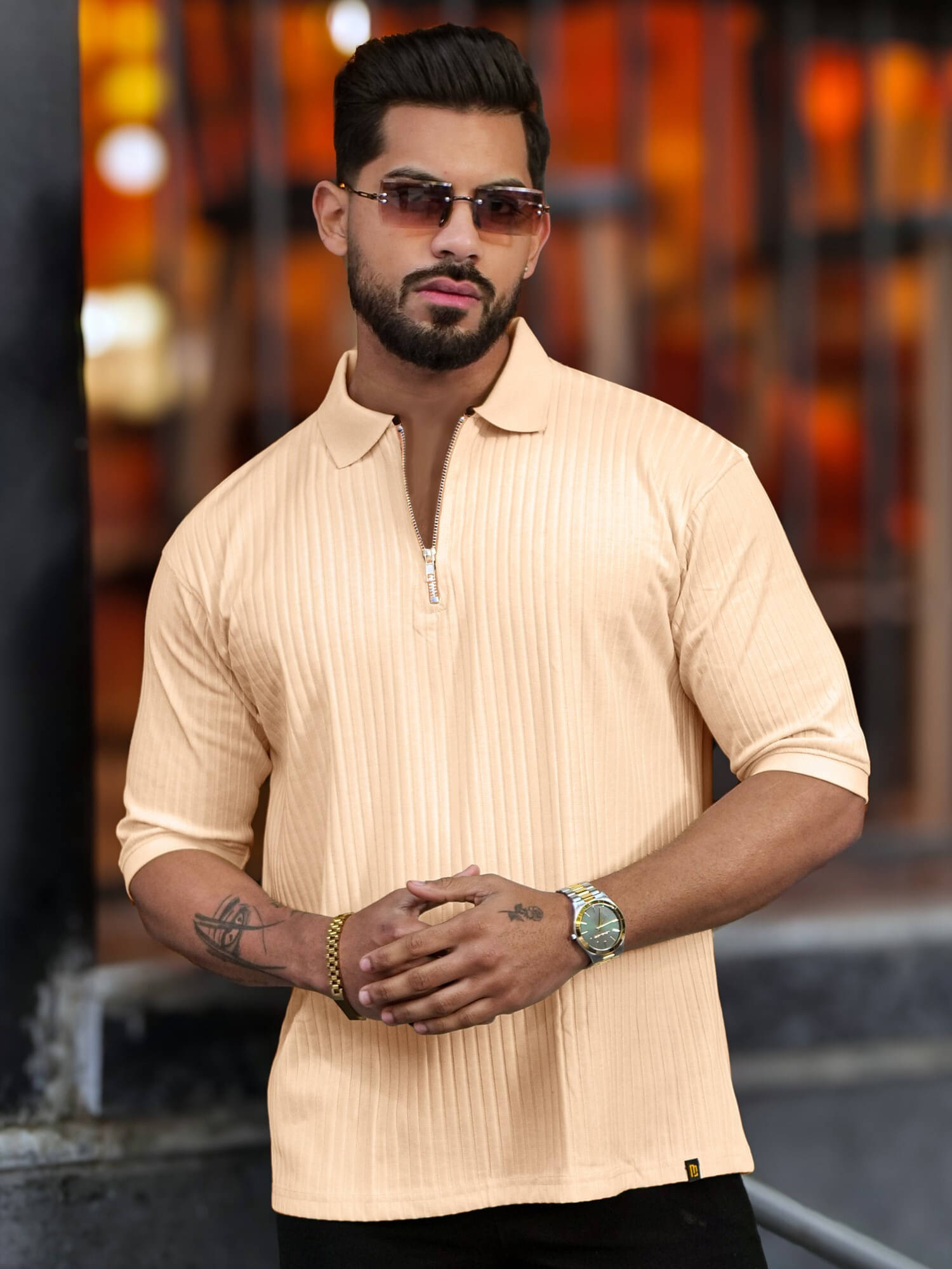 Maniac Men Cotton Blend Oversized Fit Popcorn Textured Polo T Shirt ( White ) Maniac Men Cotton Blend Oversized Fit Popcorn Textured Polo T Shirt ( White )