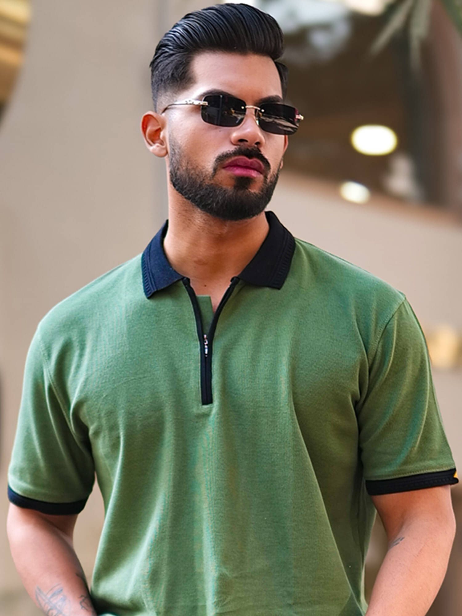 Maniac Men Cotton Blend Oversized Fit Colorblock Polo T Shirt ( Green ) Maniac Men Cotton Blend Oversized Fit Colorblock Polo T Shirt ( Green )