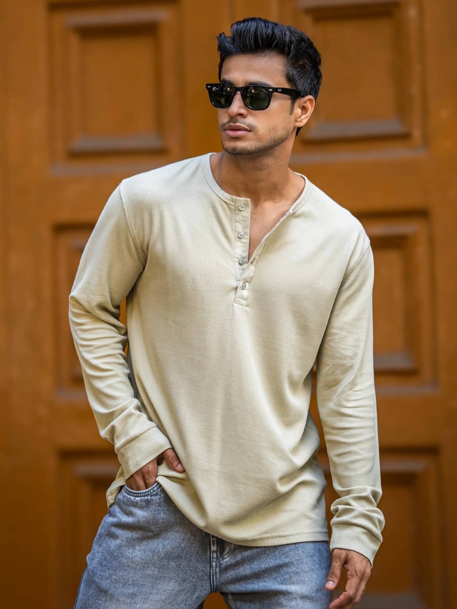     			Maniac Men Cotton Blend Oversized Fit Solid T-Shirt ( Beige )
