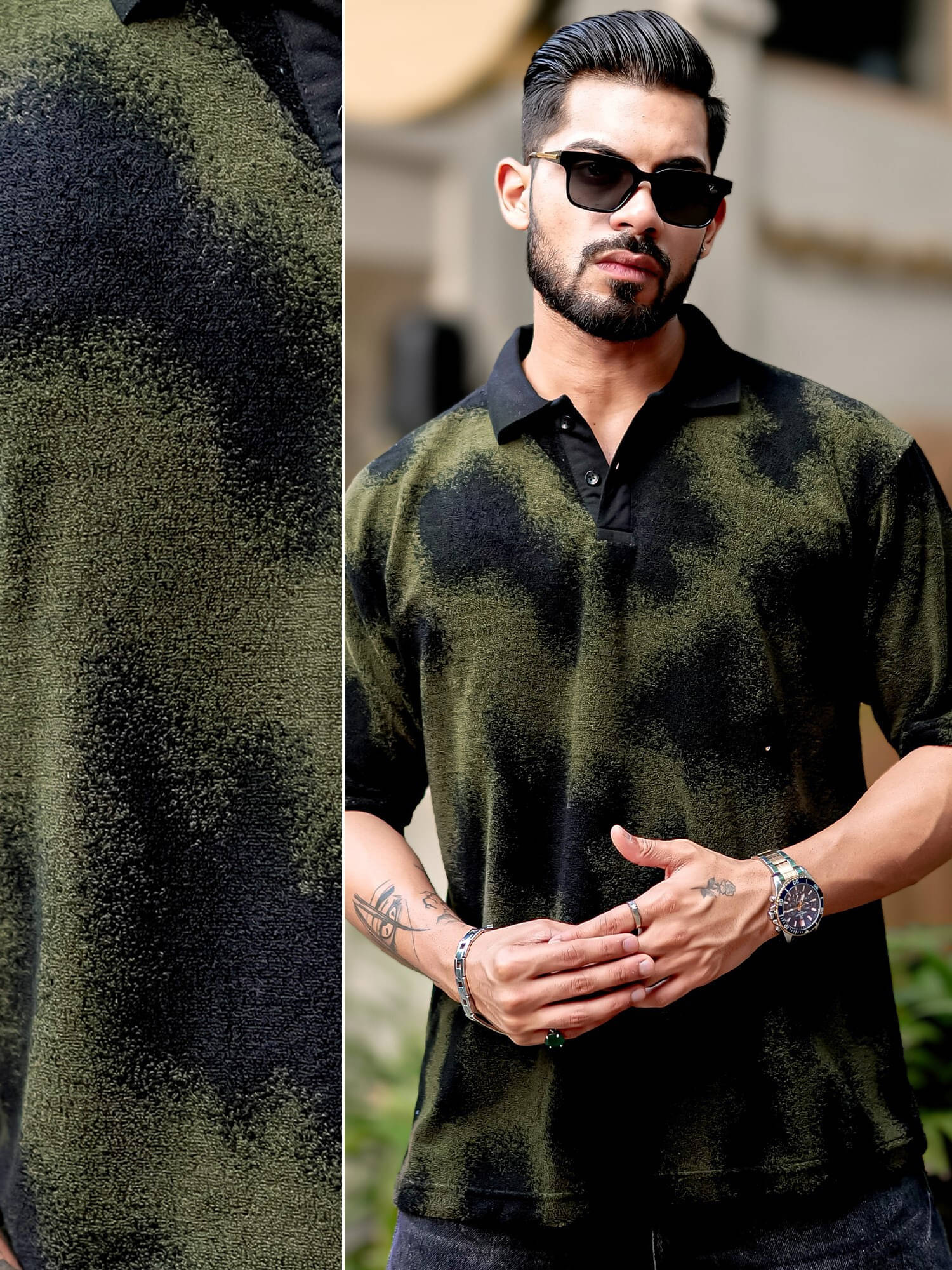     			Maniac Men Cotton Blend Oversized Fit Self Design Polo T Shirt ( Green )