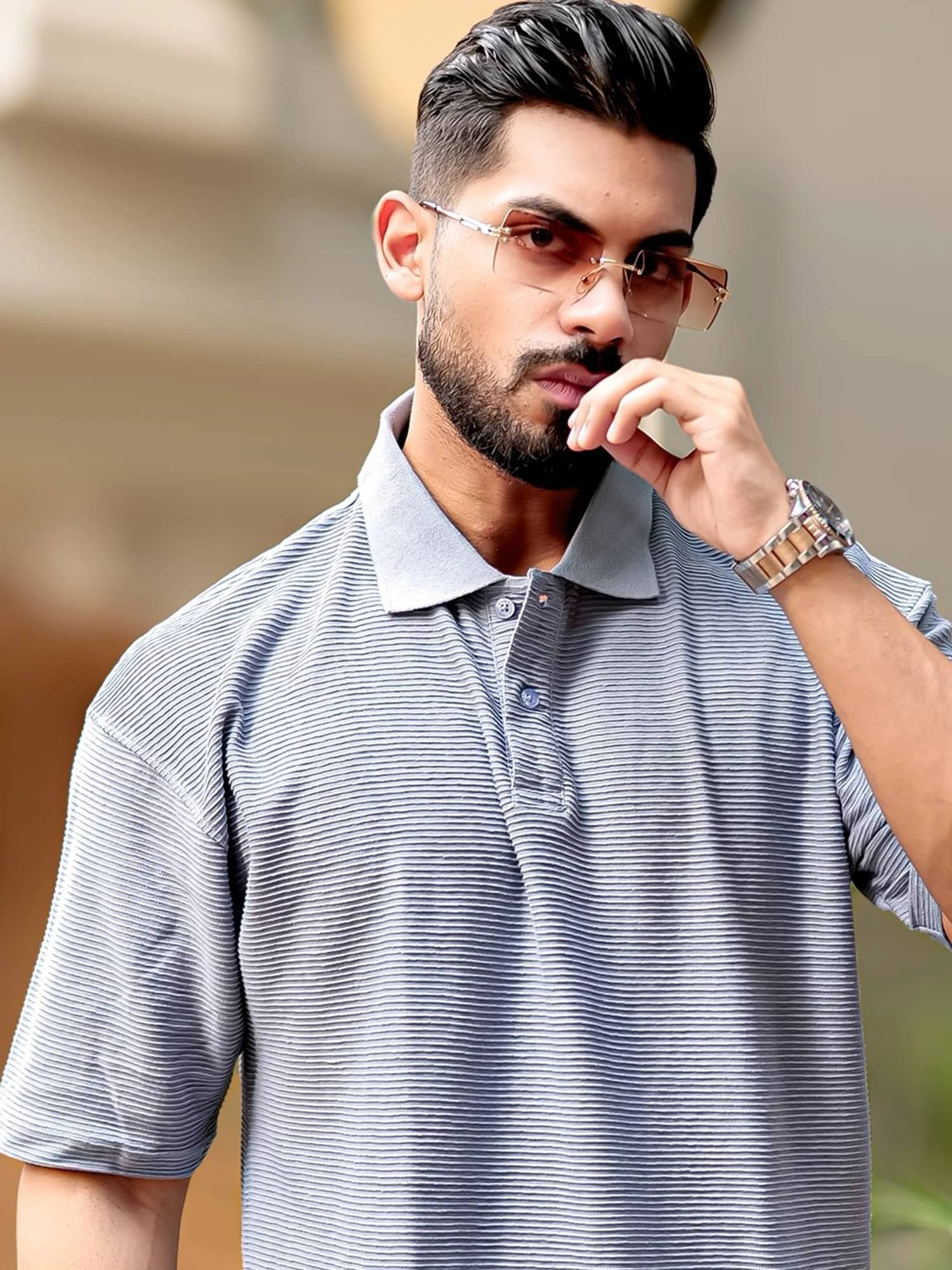     			Maniac Men Cotton Blend Oversized Fit Self Design Polo T Shirt ( Grey )