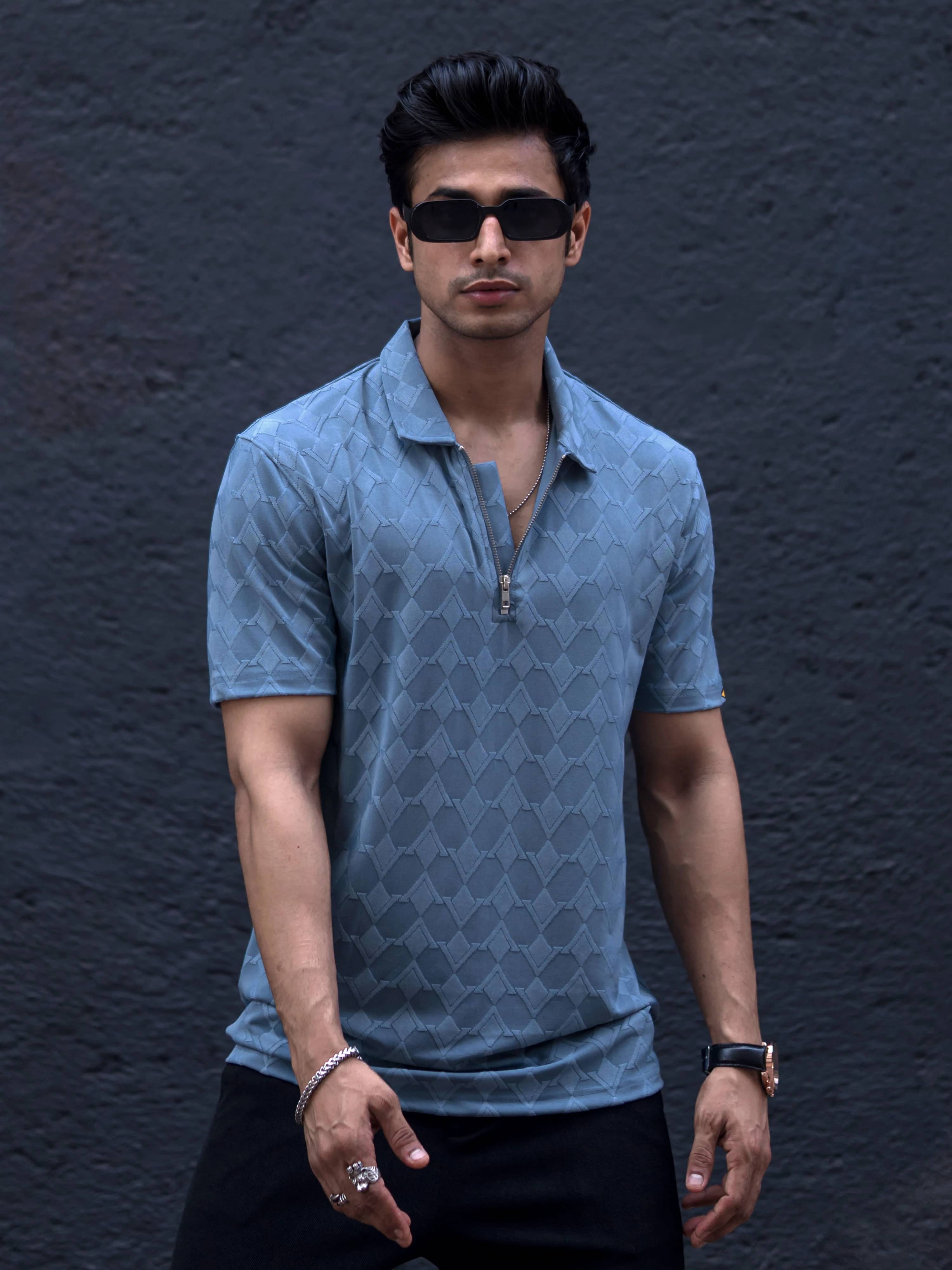 Maniac Men Cotton Blend Slim Fit Self Design Polo T Shirt ( Blue )     			Maniac Men Cotton Blend Slim Fit Self Design Polo T Shirt ( Blue )