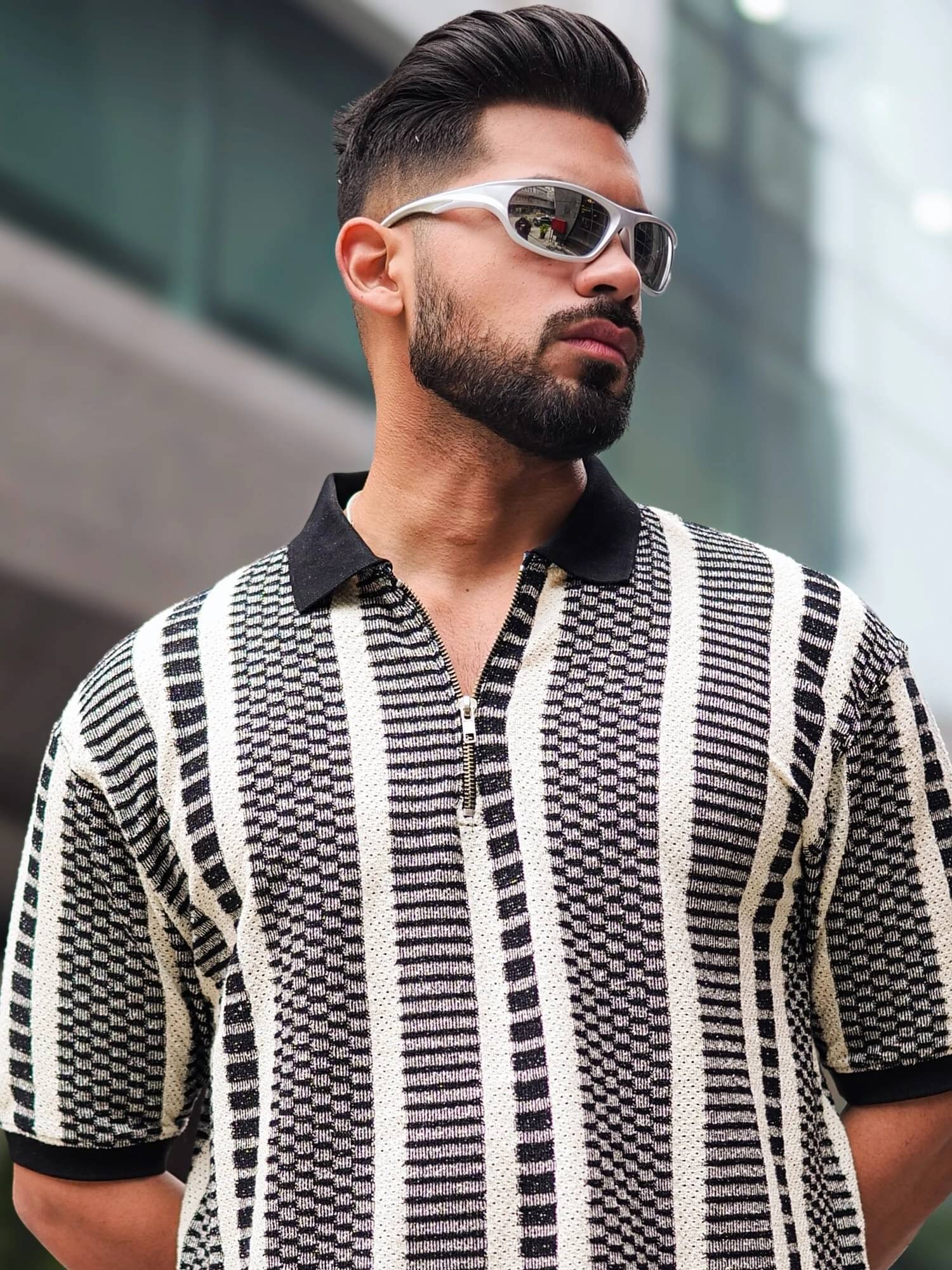 Maniac Men Cotton Oversized Fit Striped Polo T Shirt ( Black ) Maniac Men Cotton Oversized Fit Striped Polo T Shirt ( Black )
