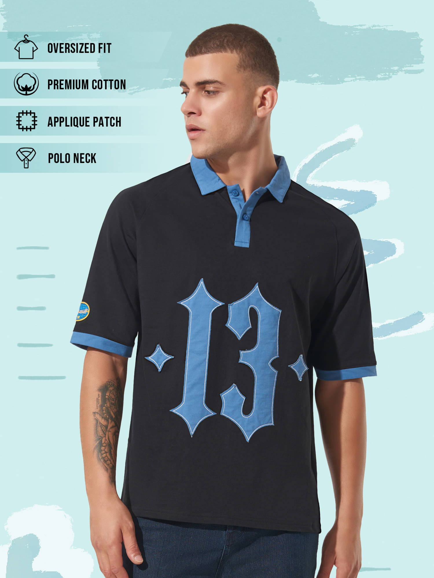     			Maniac Men Cotton Oversized Fit Printed Polo T Shirt ( Black )