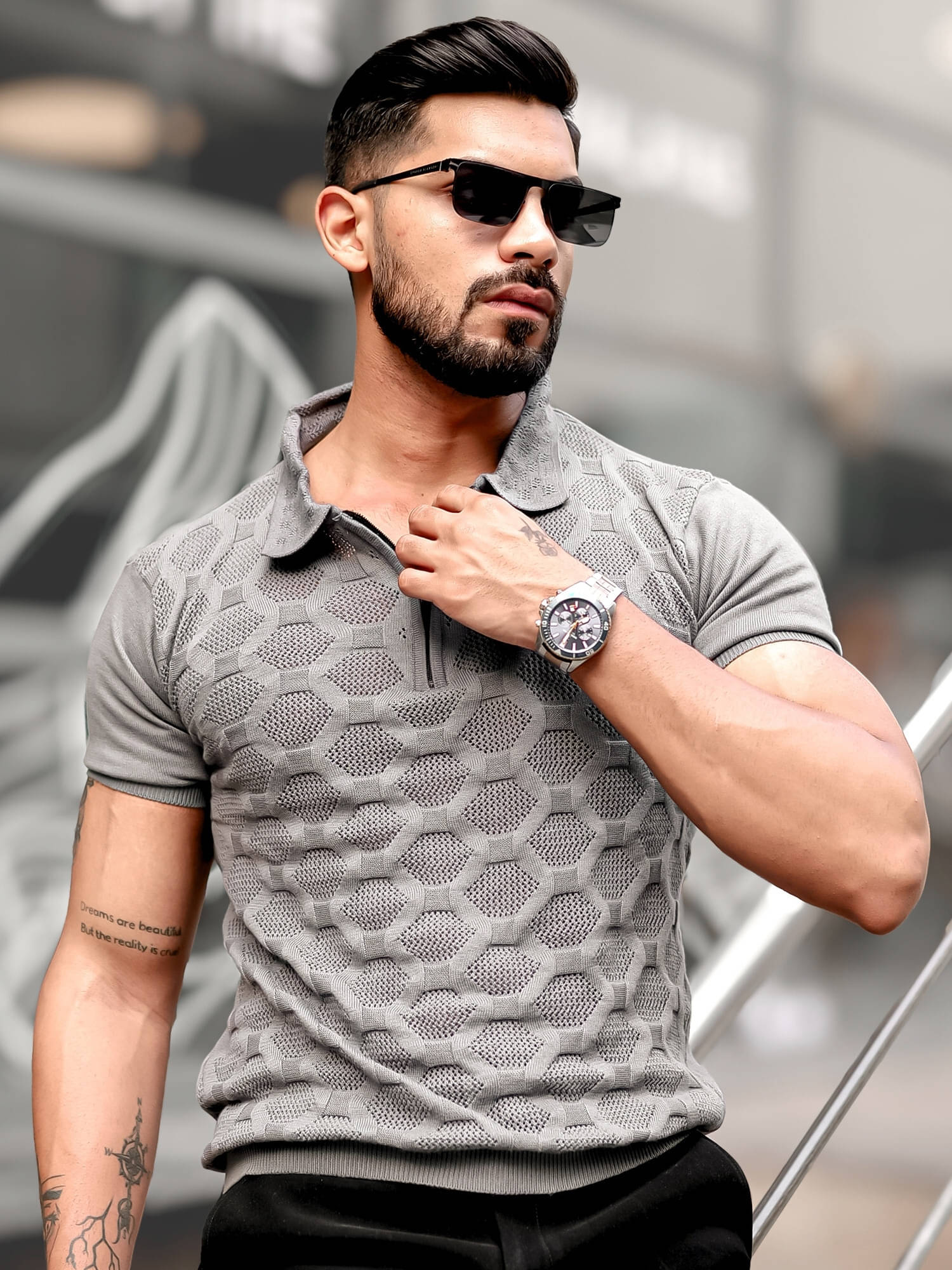     			Maniac Men Cotton Oversized Fit Self Design Polo T Shirt ( Grey )