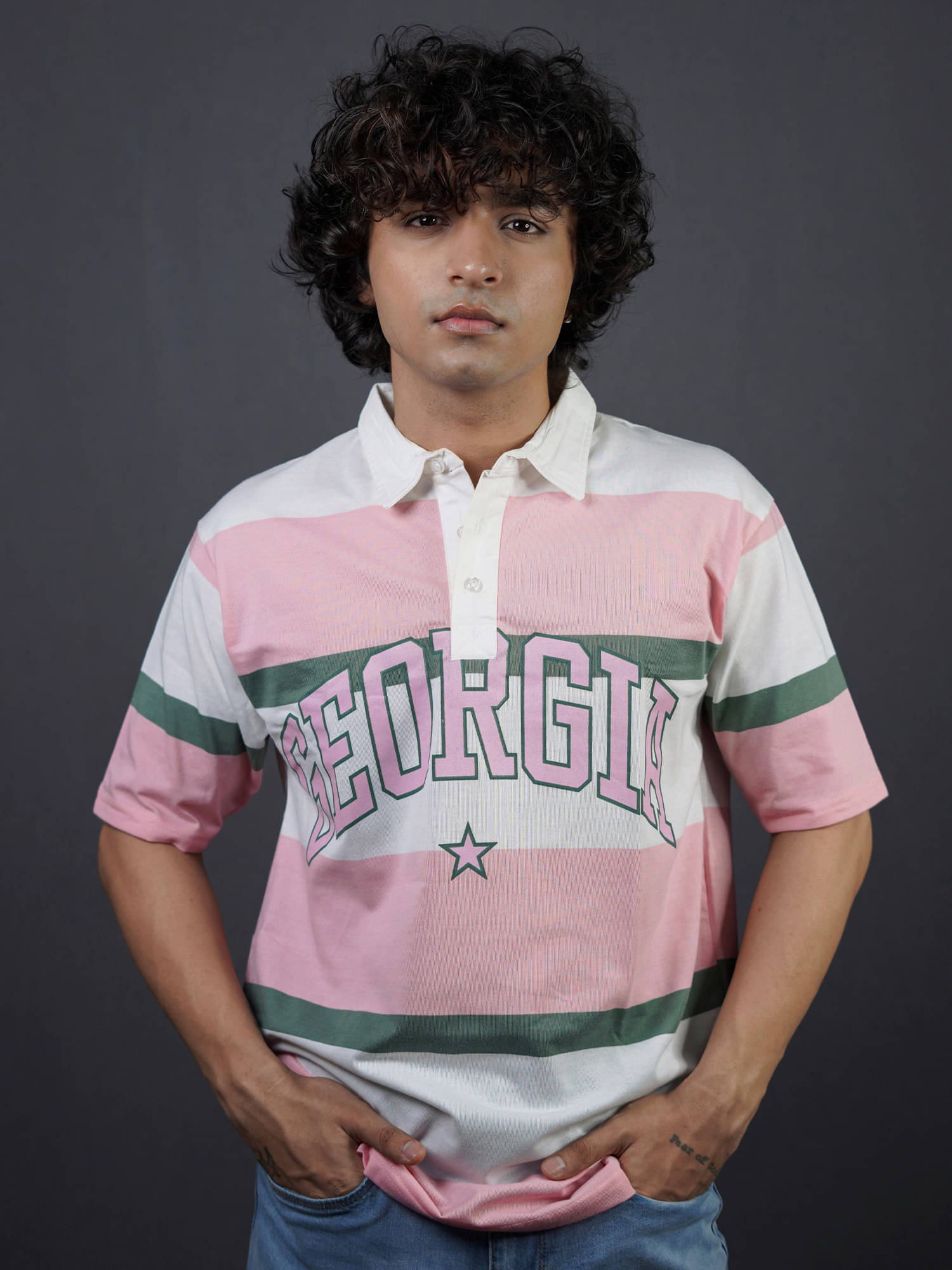 Maniac Men Cotton Oversized Fit Striped Polo T Shirt ( Pink ) Maniac Men Cotton Oversized Fit Striped Polo T Shirt ( Pink )
