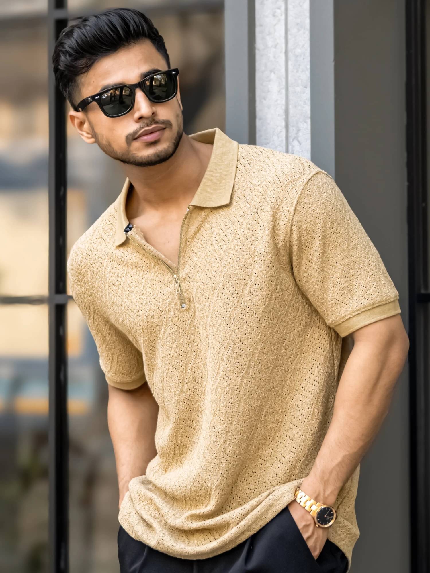 Maniac Men Cotton Oversized Fit Self Design Polo T Shirt ( Beige ) Maniac Men Cotton Oversized Fit Self Design Polo T Shirt ( Beige )