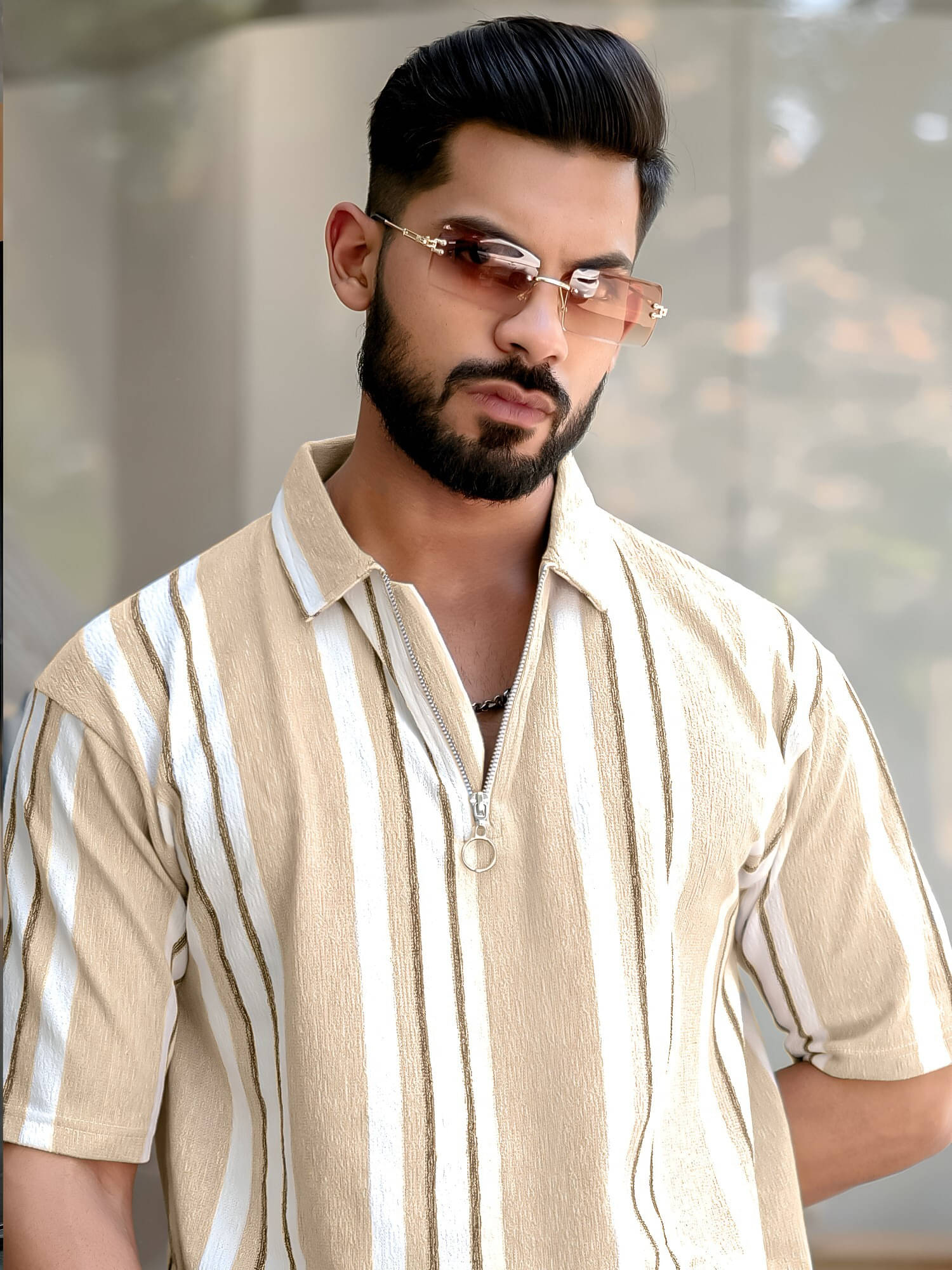 Maniac Men Cotton Oversized Fit Striped Polo T Shirt ( Beige ) Maniac Men Cotton Oversized Fit Striped Polo T Shirt ( Beige )