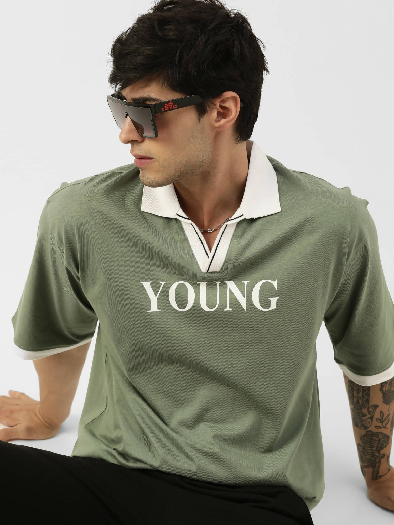 Maniac Men Cotton Oversized Fit Printed Polo T Shirt ( Green )     			Maniac Men Cotton Oversized Fit Printed Polo T Shirt ( Green )