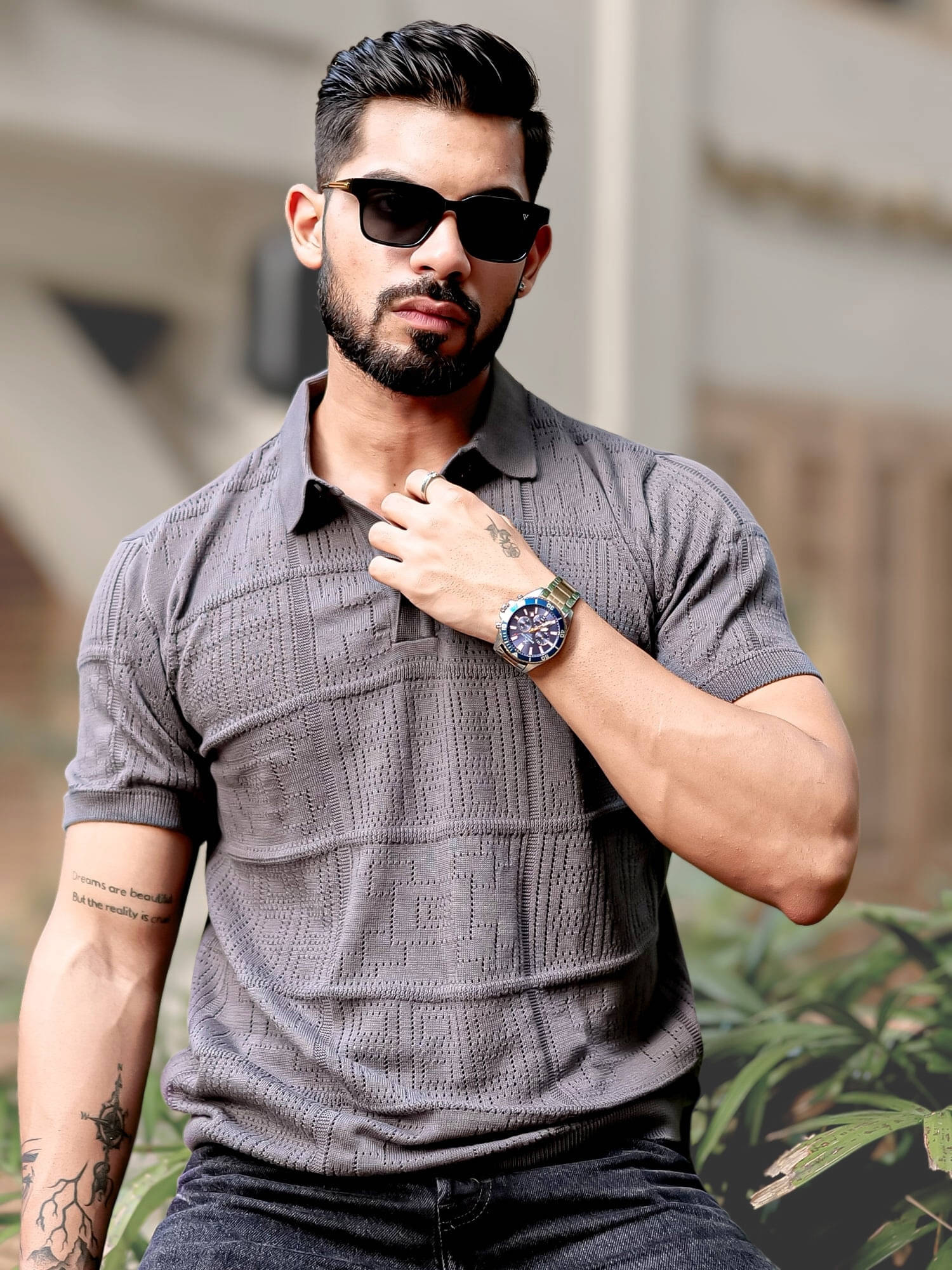     			Maniac Men Cotton Oversized Fit Self Design Polo T Shirt ( Grey )