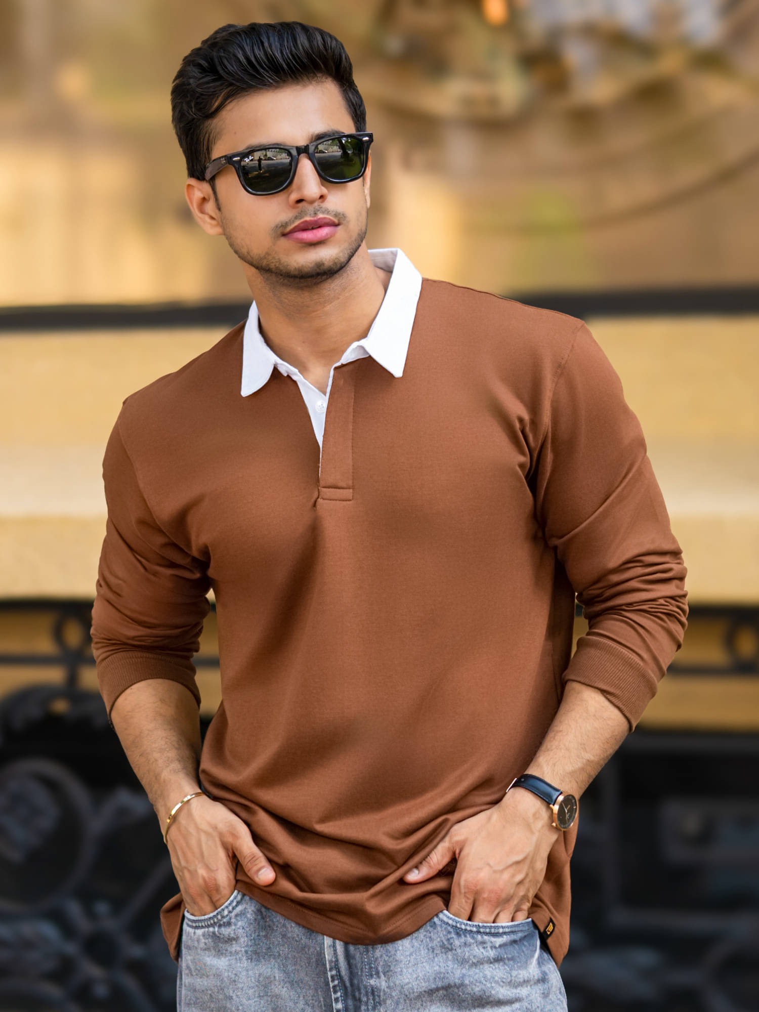     			Maniac Men Cotton Oversized Fit Solid Polo T Shirt ( Brown )