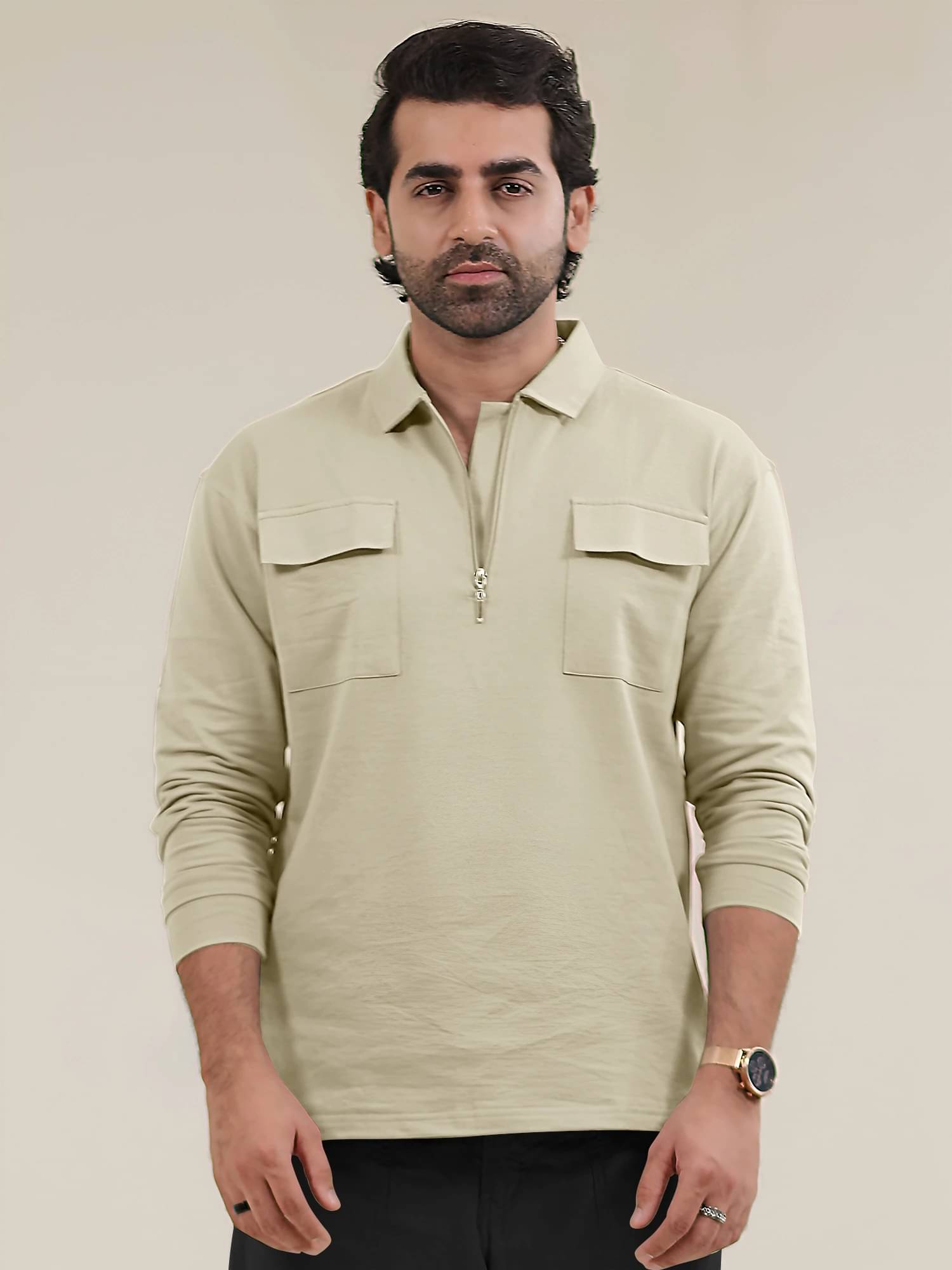     			Maniac Men Cotton Oversized Fit Solid Polo T Shirt ( Beige )