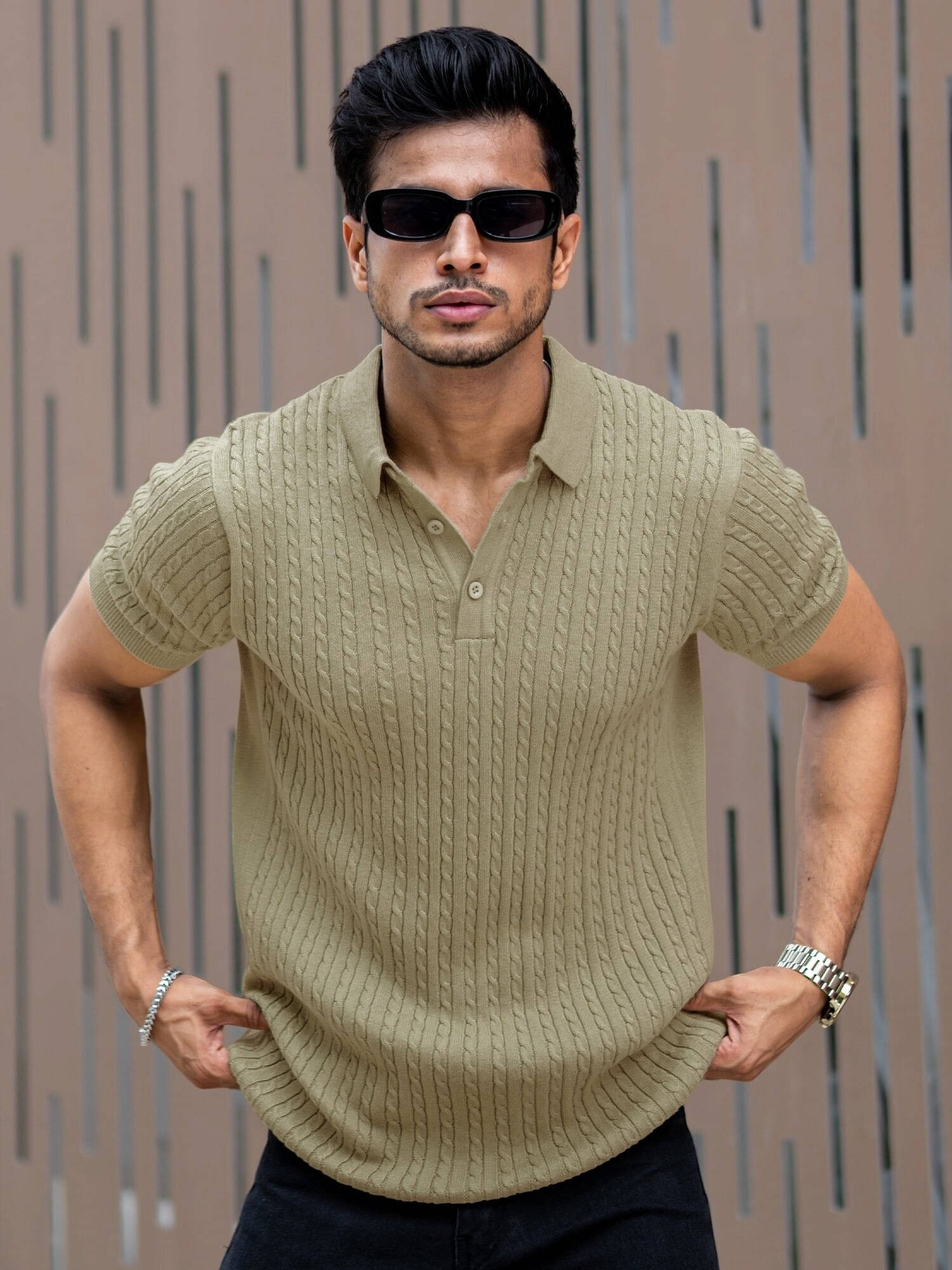 Maniac Men Cotton Oversized Fit Self Design Polo T Shirt ( Green ) Maniac Men Cotton Oversized Fit Self Design Polo T Shirt ( Green )