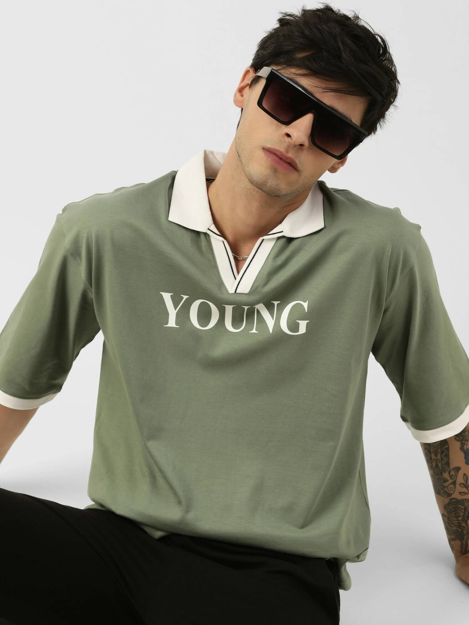 Maniac Men Cotton Oversized Fit Printed Polo T Shirt ( Green ) Maniac Men Cotton Oversized Fit Printed Polo T Shirt ( Green )