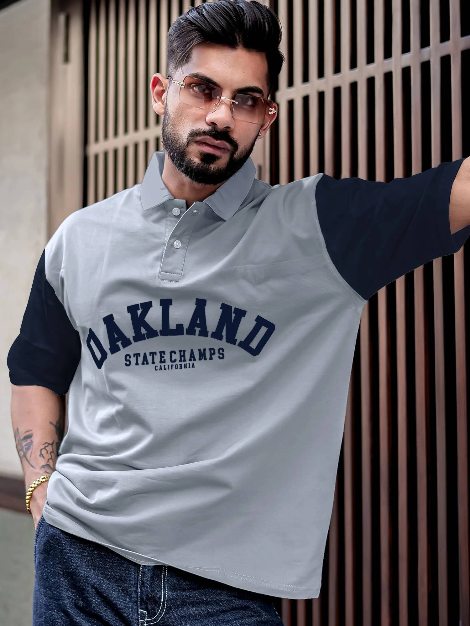     			Maniac Men Cotton Oversized Fit Printed Polo T Shirt ( Grey )