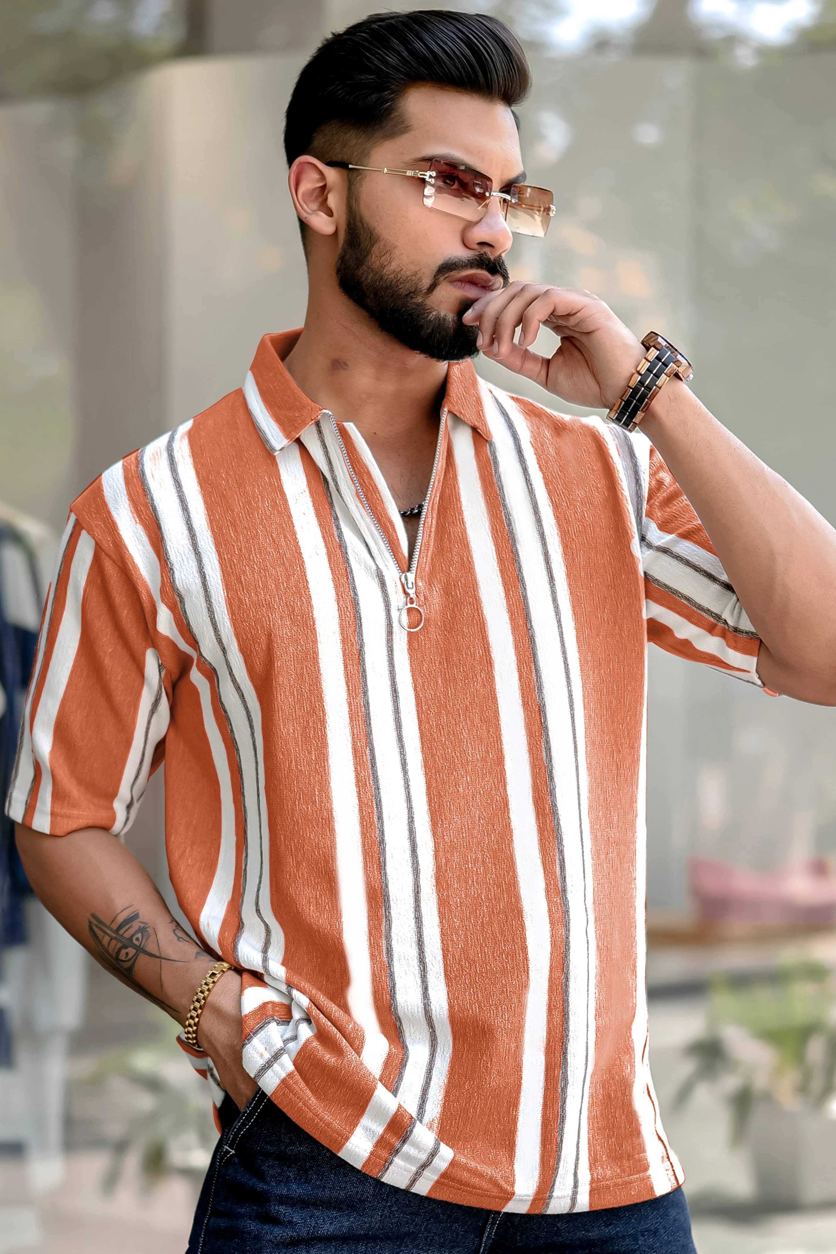 Maniac Men Cotton Oversized Fit Striped Polo T Shirt ( Orange ) Maniac Men Cotton Oversized Fit Striped Polo T Shirt ( Orange )