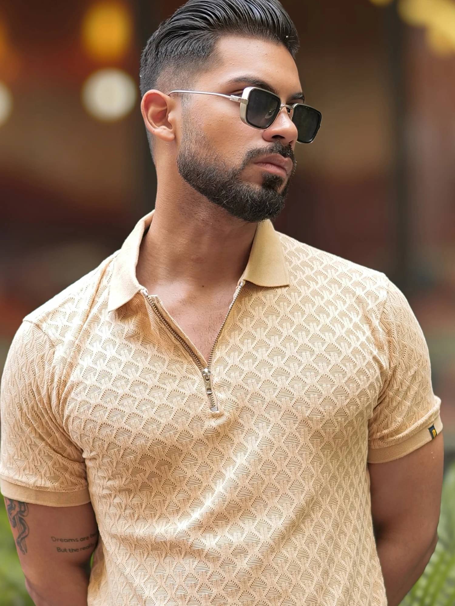 Maniac Men Cotton Regular Fit Self Design Polo T Shirt ( Beige )     			Maniac Men Cotton Regular Fit Self Design Polo T Shirt ( Beige )