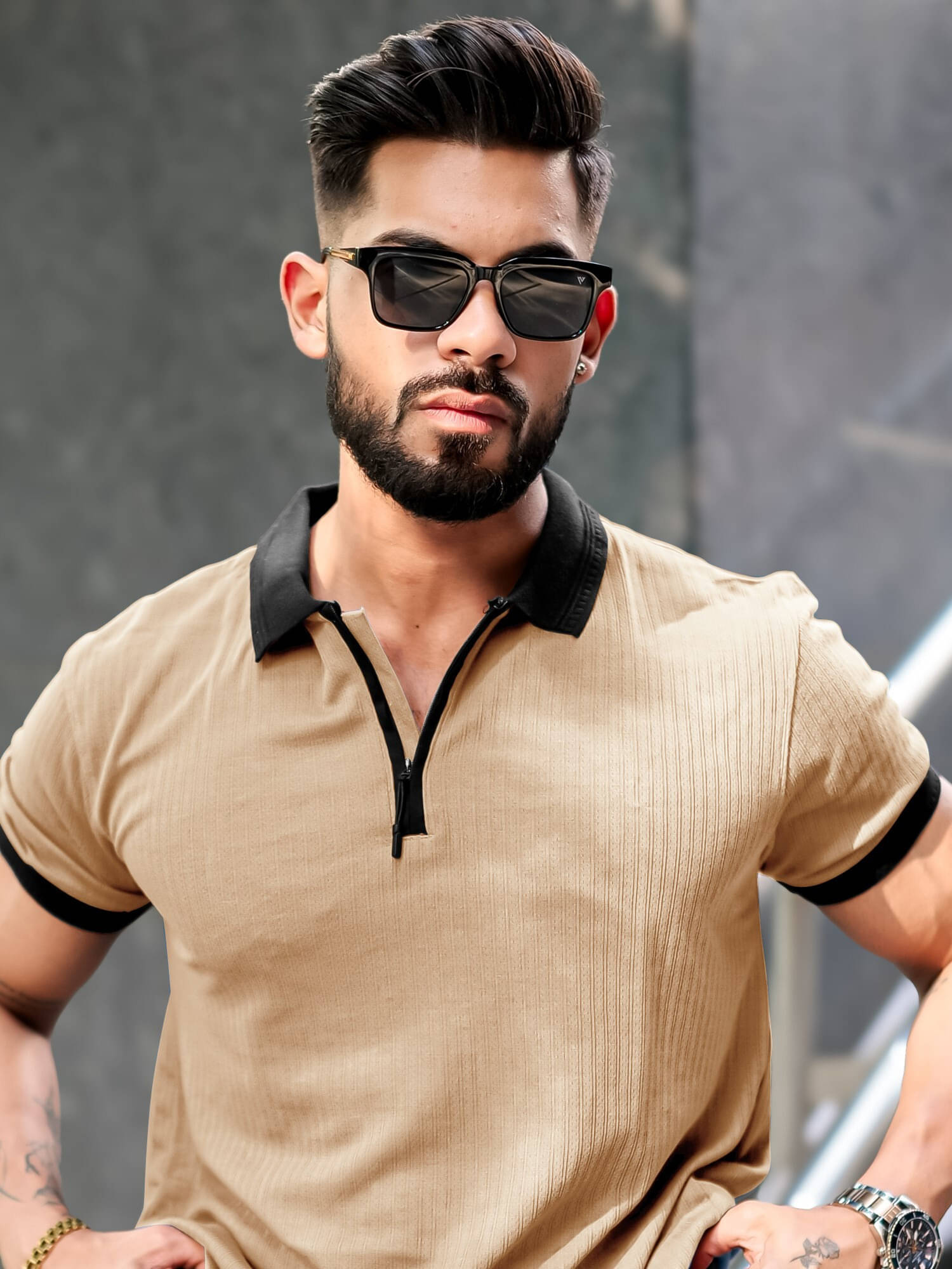 Maniac Men Cotton Slim Fit Popcorn Textured Polo T Shirt ( Beige ) Maniac Men Cotton Slim Fit Popcorn Textured Polo T Shirt ( Beige )