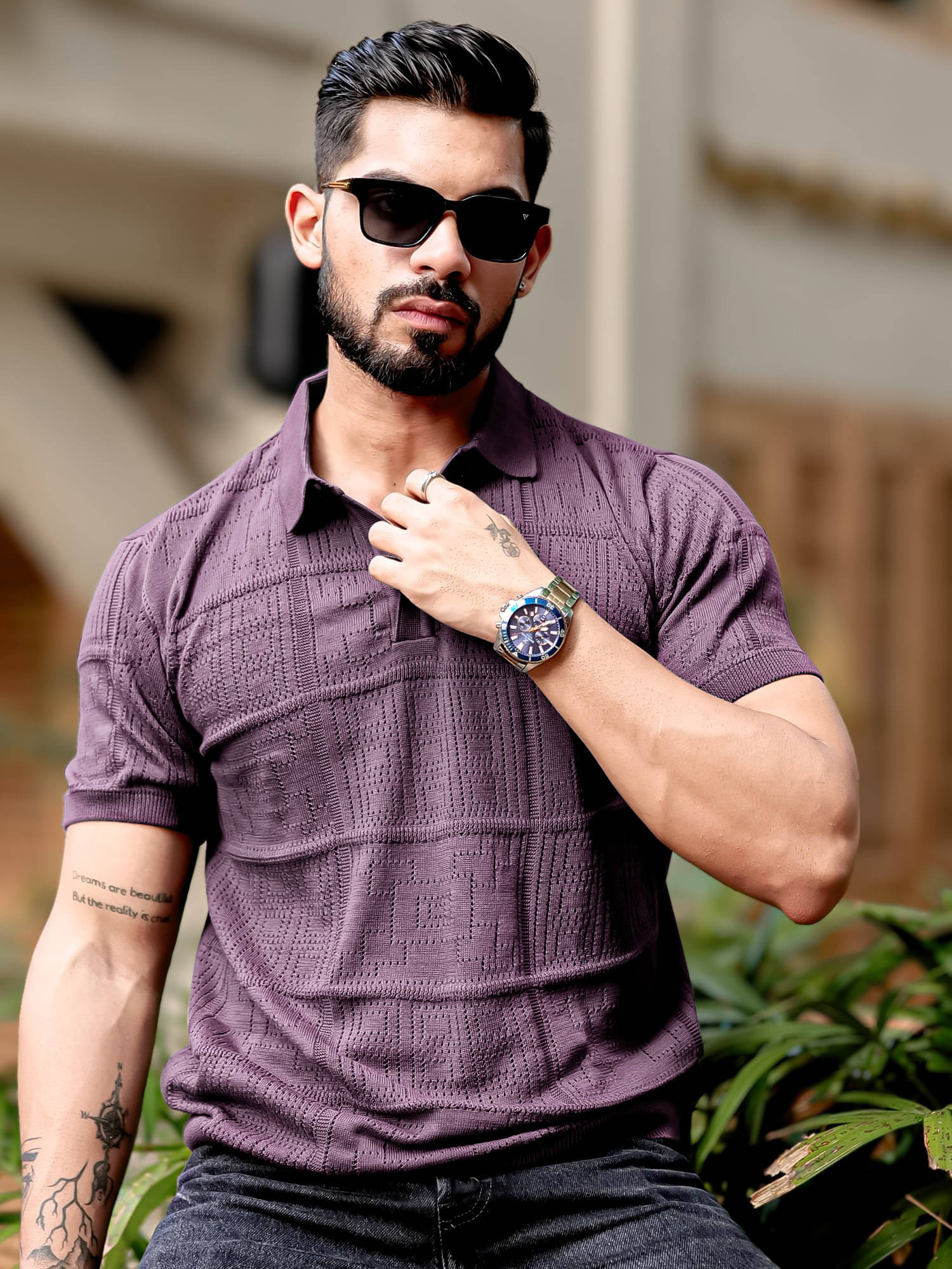     			Maniac Men Cotton Slim Fit Self Design Polo T Shirt ( Purple )