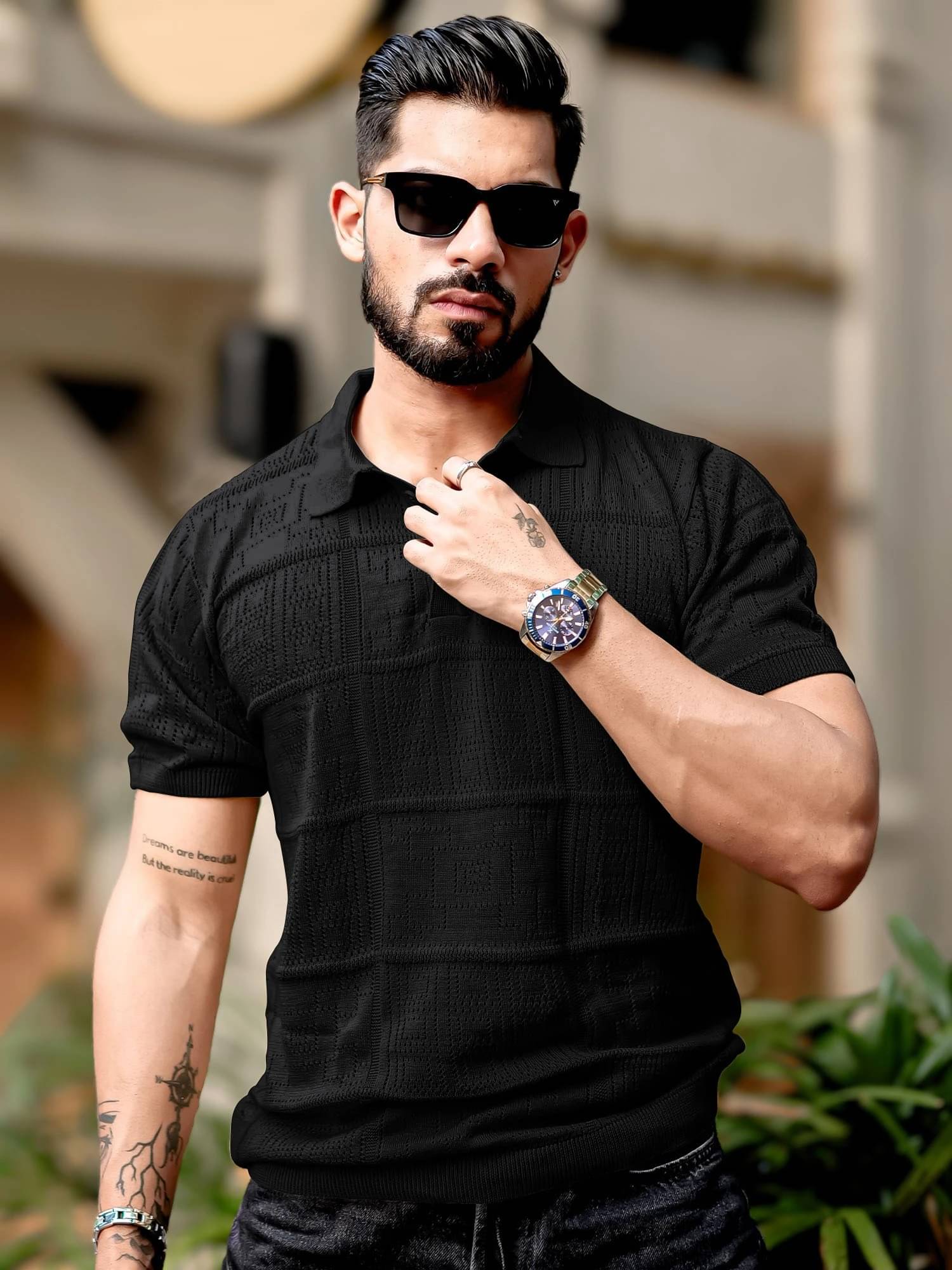     			Maniac Men Cotton Slim Fit Self Design Polo T Shirt ( Black )