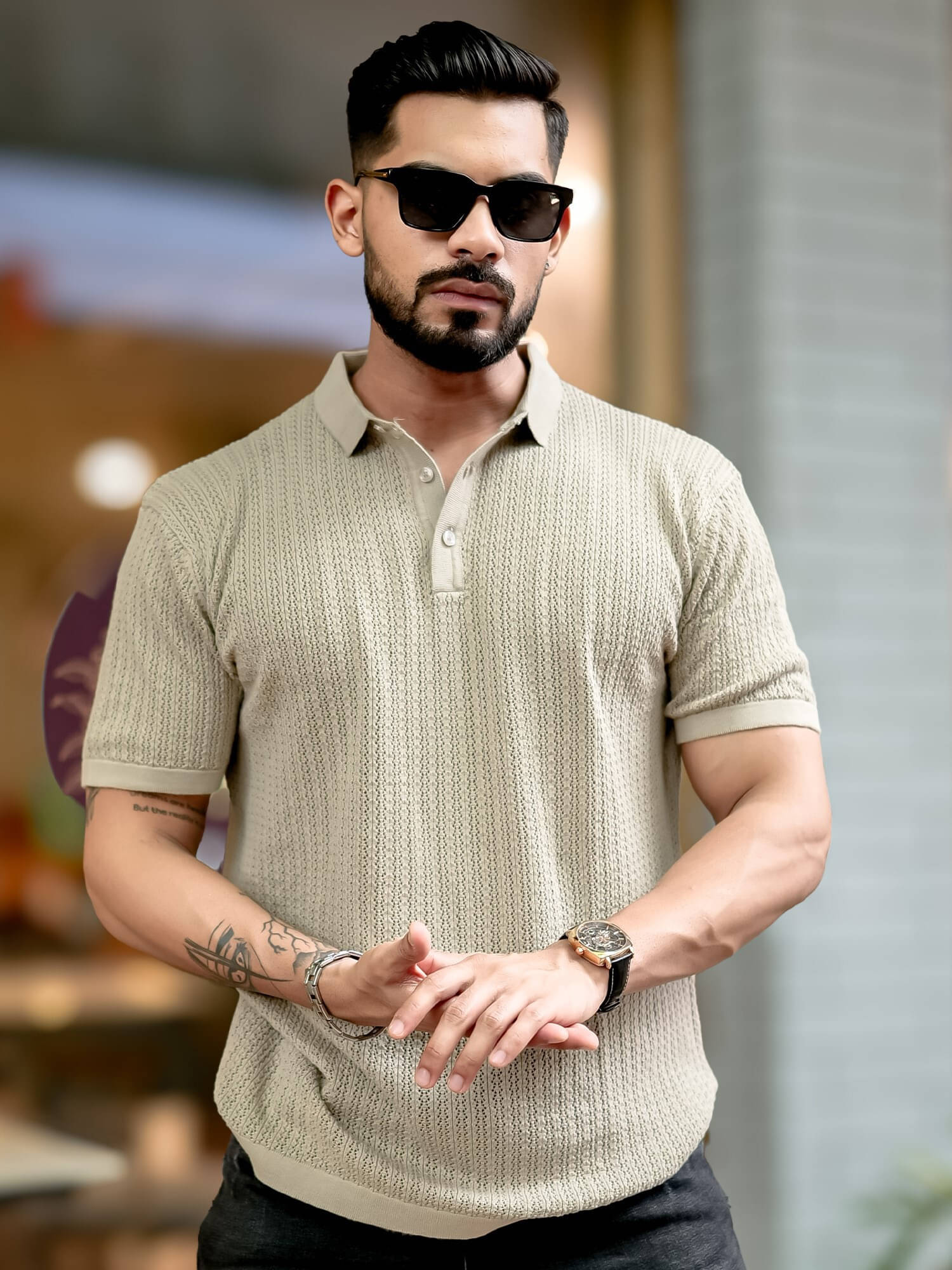     			Maniac Men Cotton Slim Fit Self Design Polo T Shirt ( Beige )