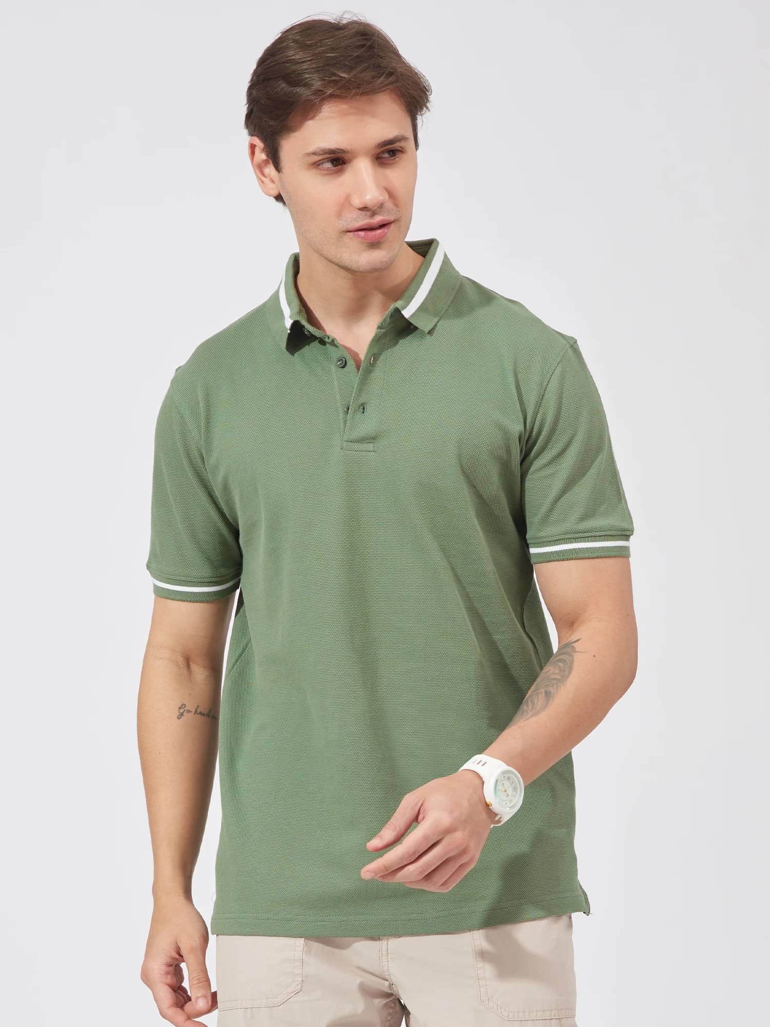     			Maniac Men Cotton Slim Fit Self Design Polo T Shirt ( Green )