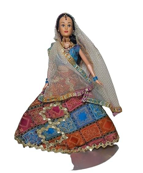     			NDIAN DESIGNER DOLL-CHUNRI,LEHNGA ,NECKLACE,MATHATIKA WITH BLUE BANGLES-HERITAGE OF INDIA