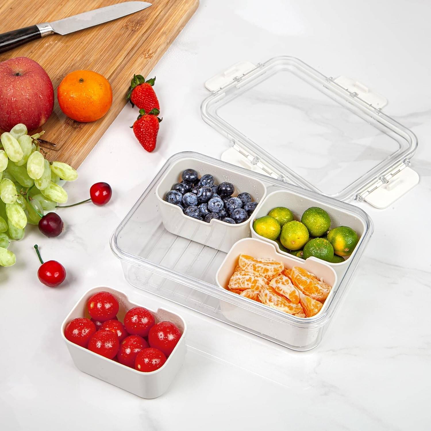     			Overalza Fridge Storage Box with Lid and Handle - 4 Compartments Food Organizer Containers for Fruits,Vegetables,Snacks