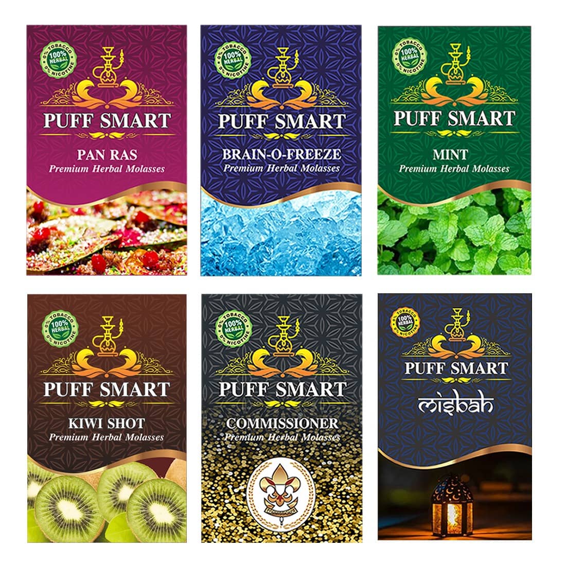 Puff Smart Premium Herbal Hookah Flavour Pack of 6 (Pan Ras, Brain-O-Freeze, Mint, Kiwi Shot, Commissioner, Misbah)